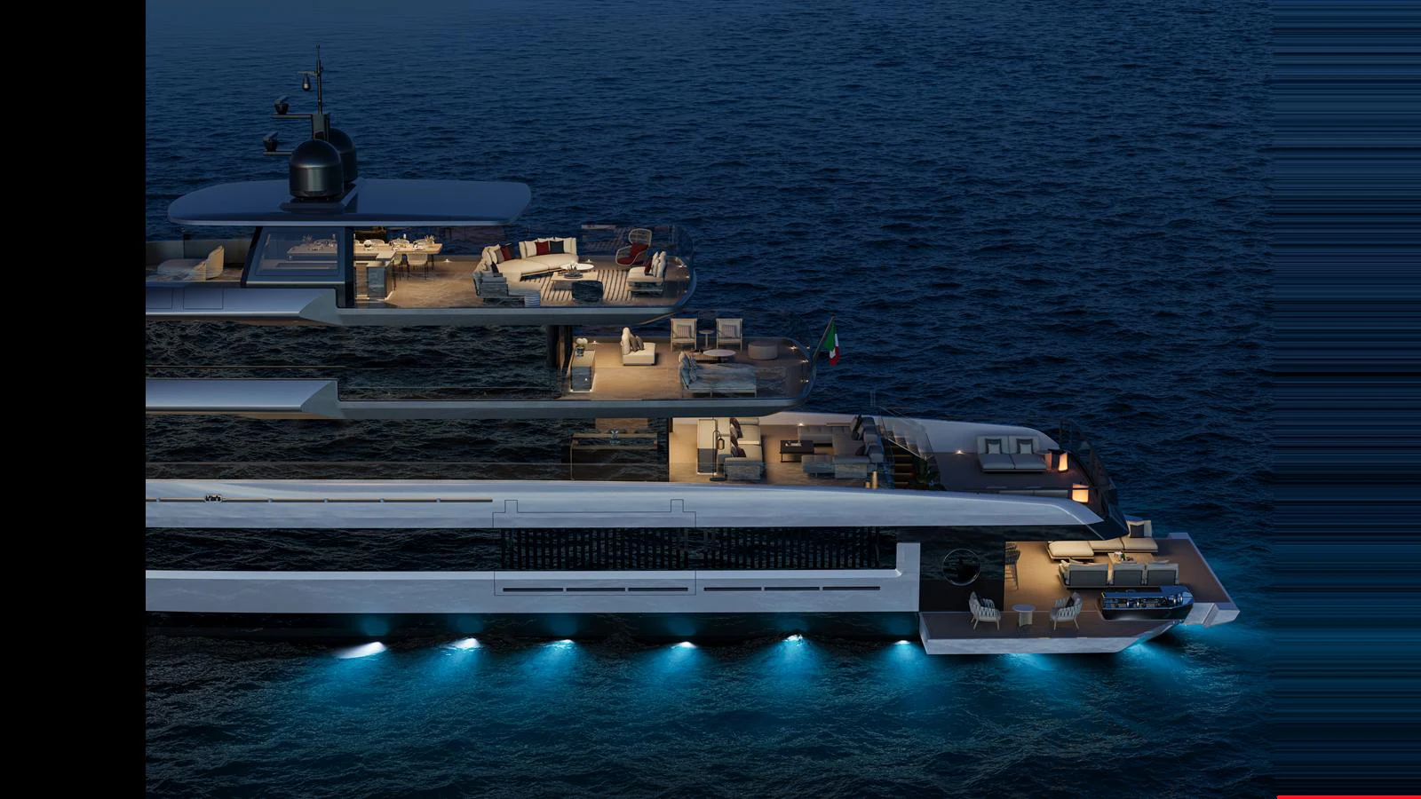 A luxurious yacht is beautifully illuminated at night, showcasing multiple decks with elegant outdoor seating areas. aboard X145 GLOBAL Yacht for Sale