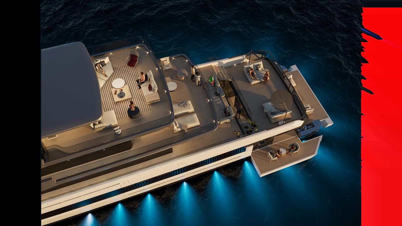 The yacht's aft deck is beautifully illuminated, showcasing multiple lounging areas and a sleek design. aboard X145 GLOBAL Yacht for Sale