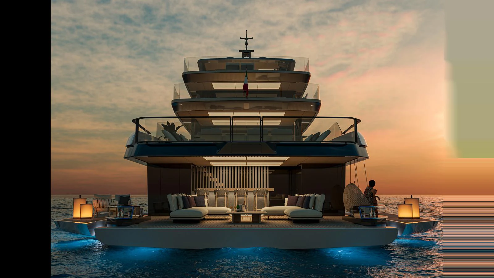 The yacht's aft deck is beautifully illuminated at sunset, showcasing luxurious seating and ambient lighting. aboard X145 GLOBAL Yacht for Sale