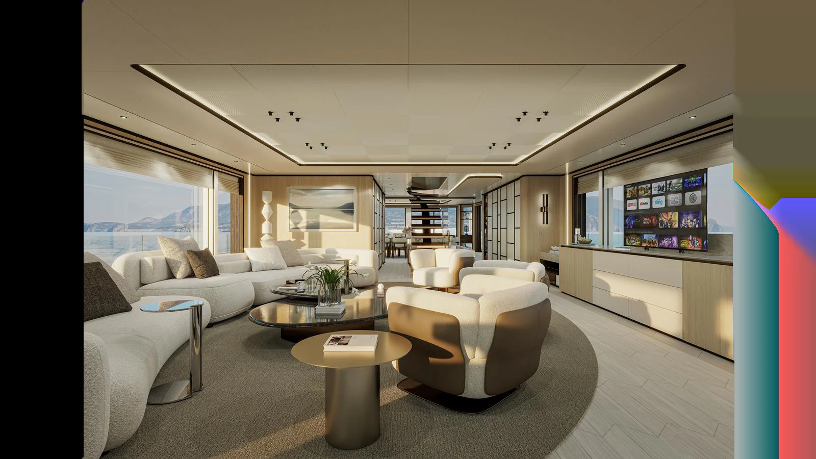 The spacious salon features elegant seating, modern decor, and ample natural light. aboard X145 GLOBAL Yacht for Sale