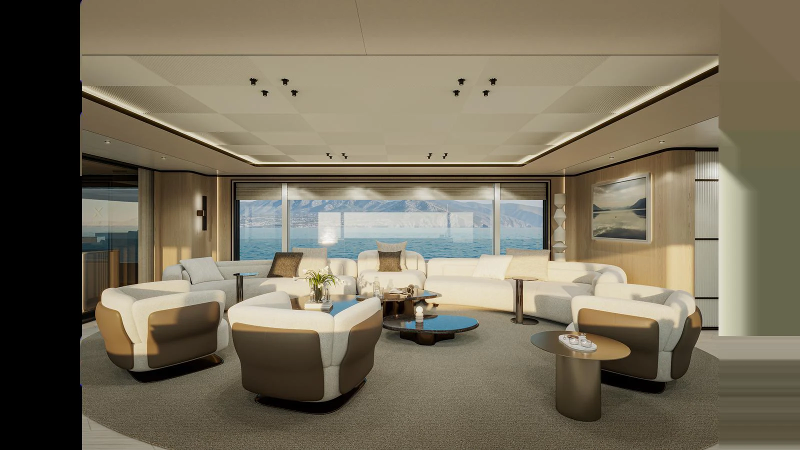 The yacht's salon features luxurious seating with panoramic ocean views. aboard X145 GLOBAL Yacht for Sale