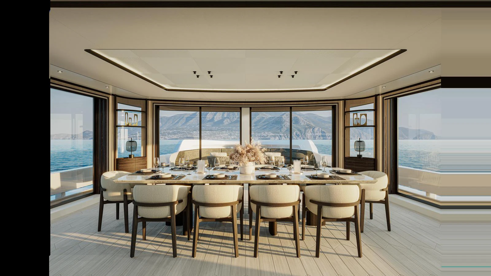 The yacht's dining area offers a luxurious setting with panoramic views of the surrounding waters. aboard X145 GLOBAL Yacht for Sale