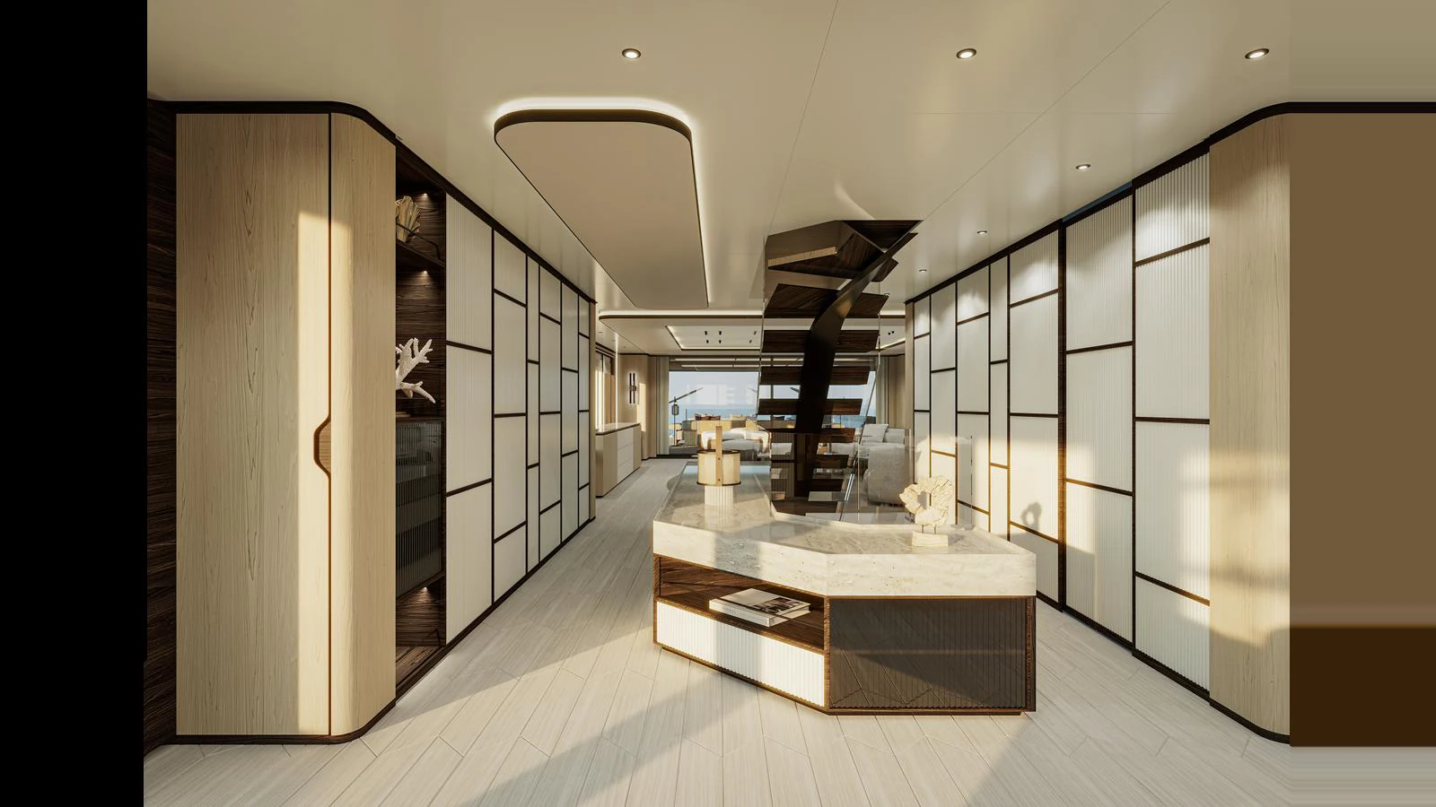 The yacht's interior features a modern, open-plan design with elegant finishes and ample natural light. aboard X145 GLOBAL Yacht for Sale