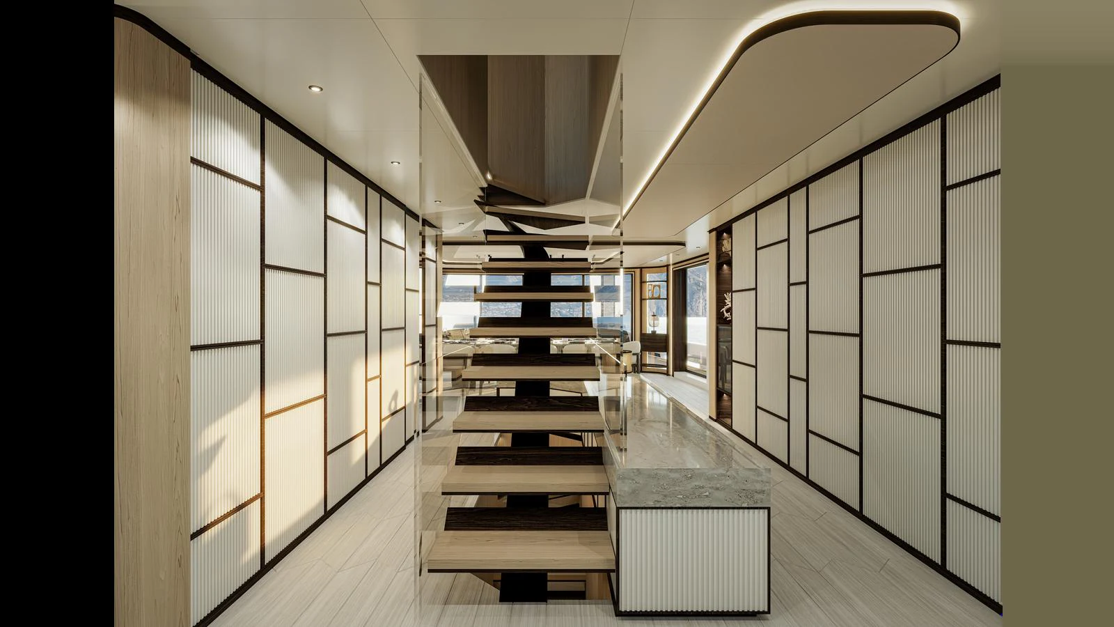 The main salon features a modern, open design with a central staircase and elegant lighting. aboard X145 GLOBAL Yacht for Sale