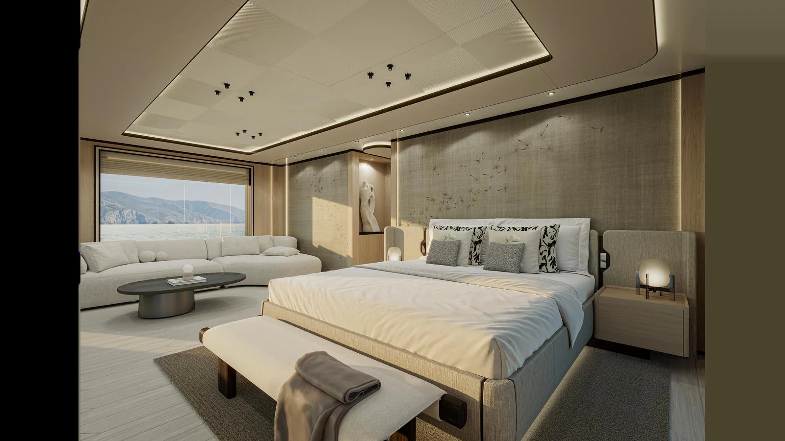 The master stateroom features a spacious bed, elegant decor, and a comfortable seating area with a view. aboard X145 GLOBAL Yacht for Sale
