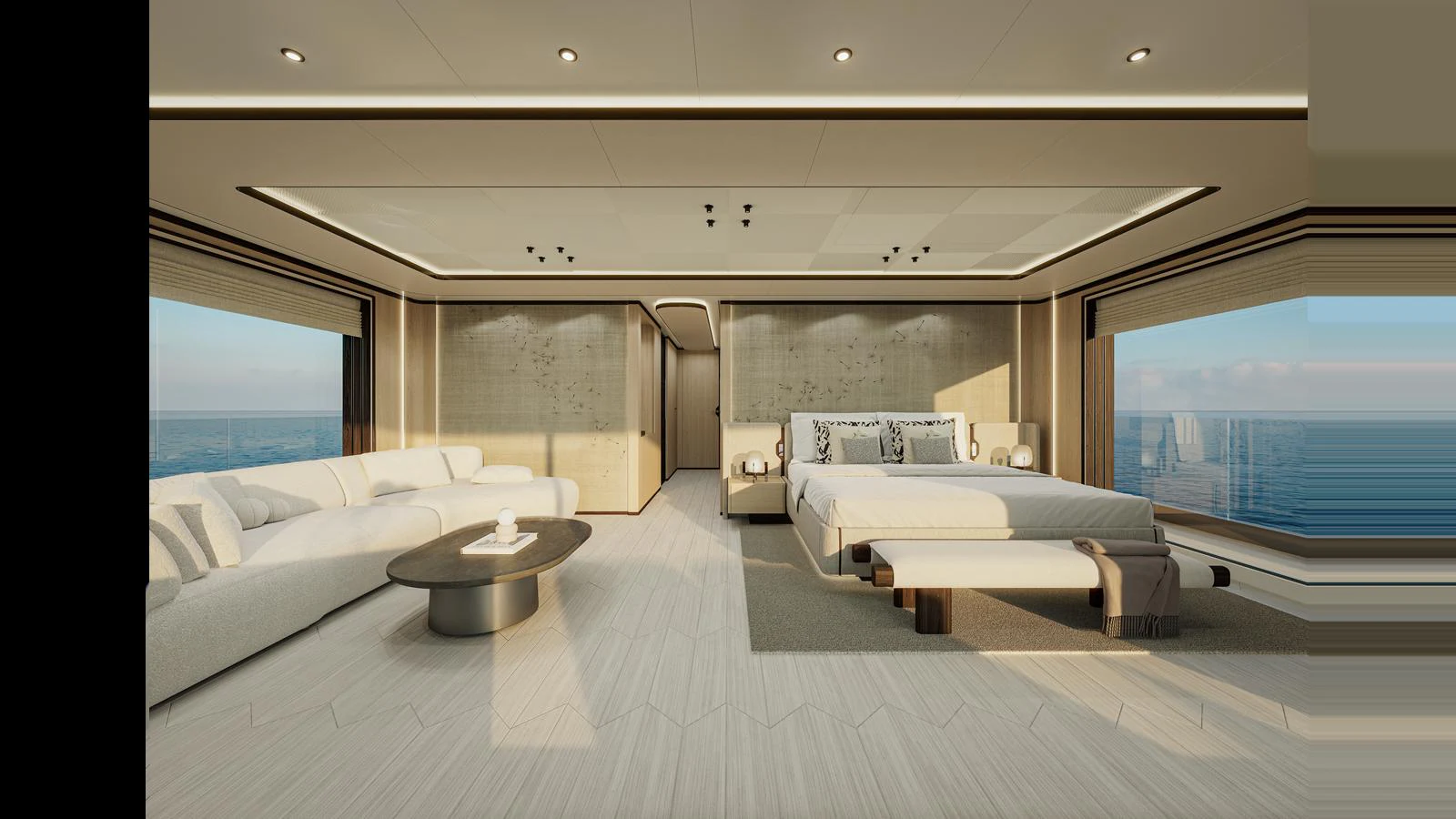 The master stateroom offers a spacious and luxurious retreat with panoramic ocean views. aboard X145 GLOBAL Yacht for Sale