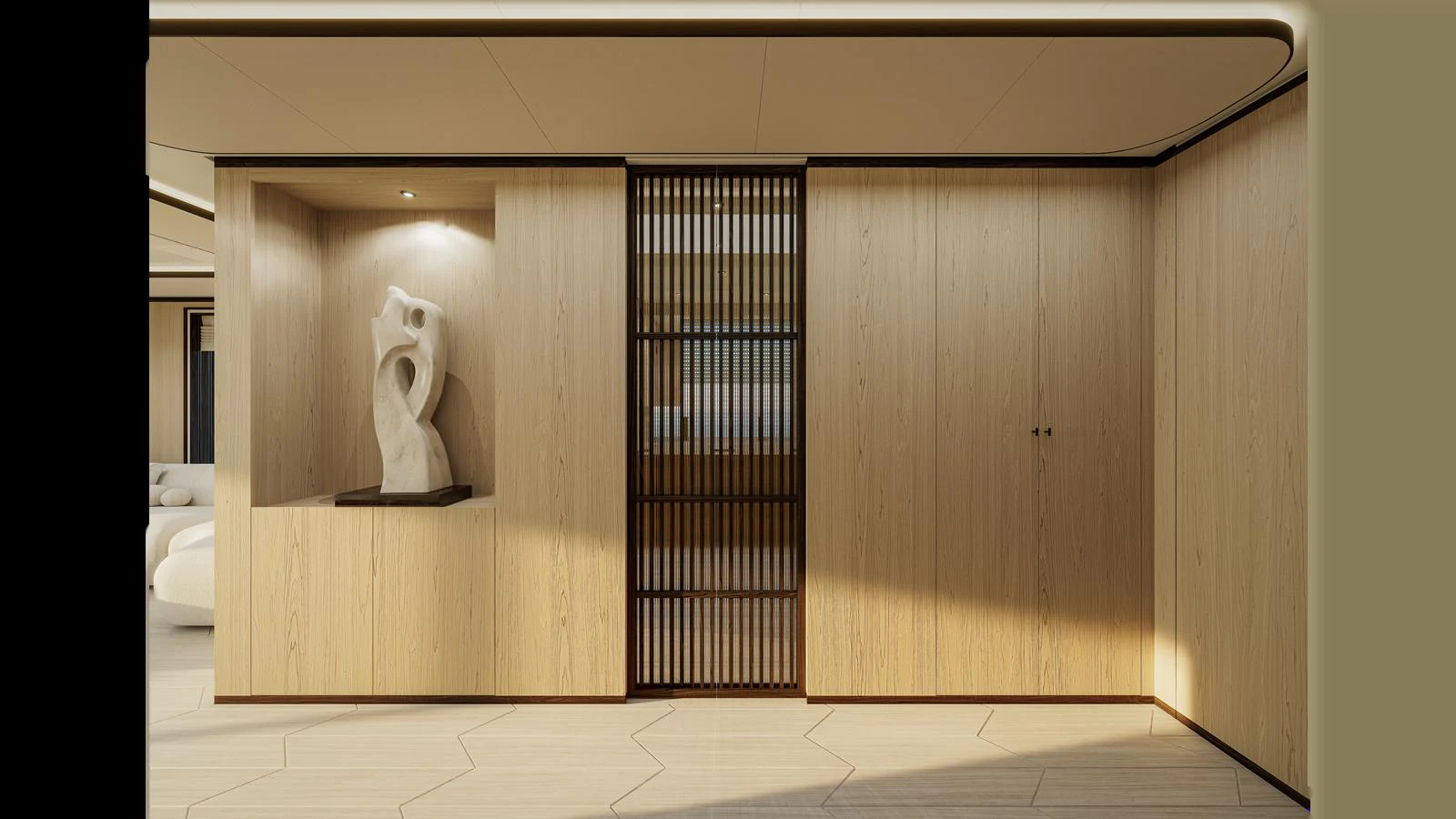 The yacht's interior features a minimalist design with light wood paneling and a modern sculpture. aboard X145 GLOBAL Yacht for Sale