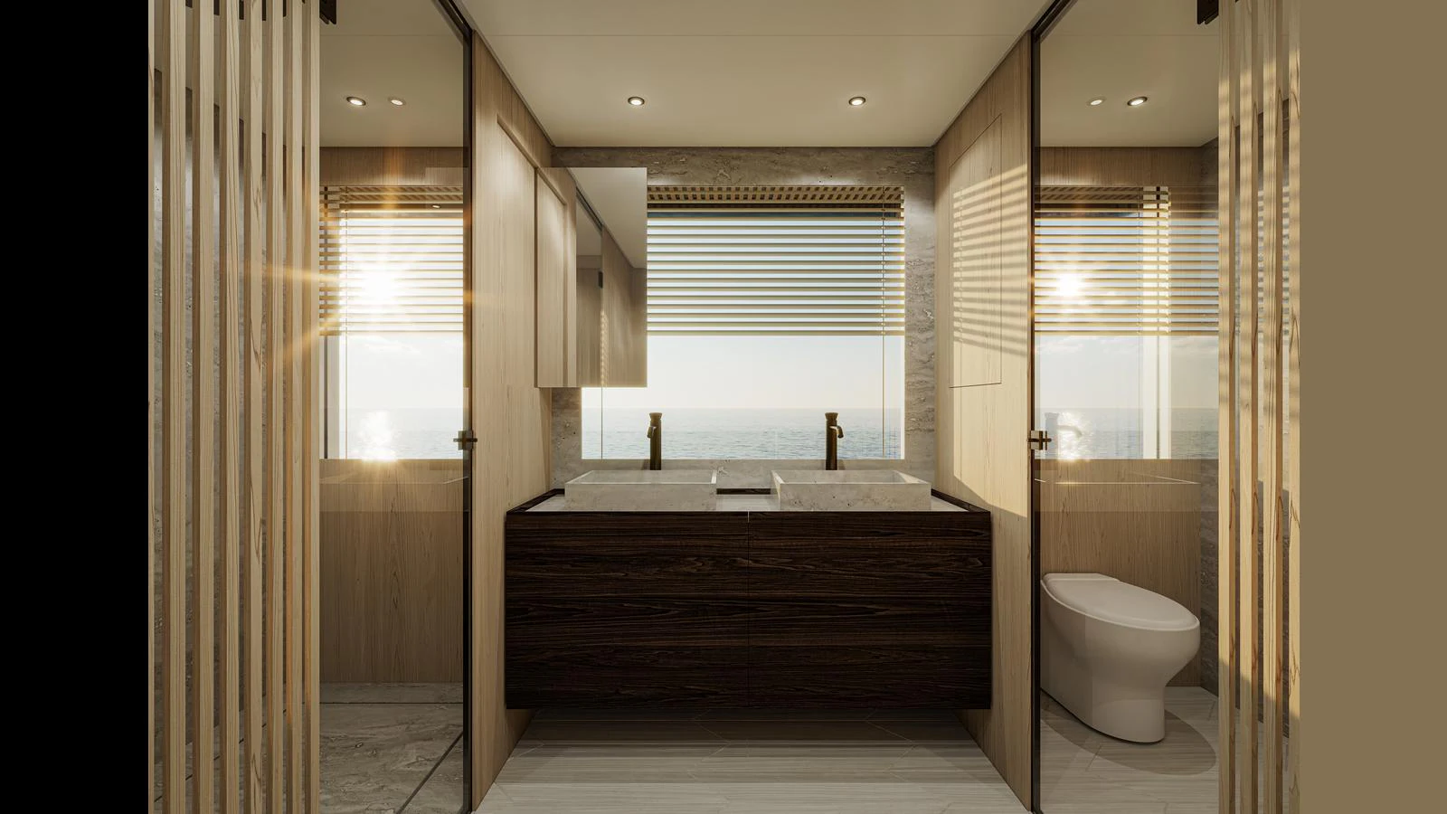 The yacht's bathroom features modern fixtures and a stunning ocean view through large windows. aboard X145 GLOBAL Yacht for Sale