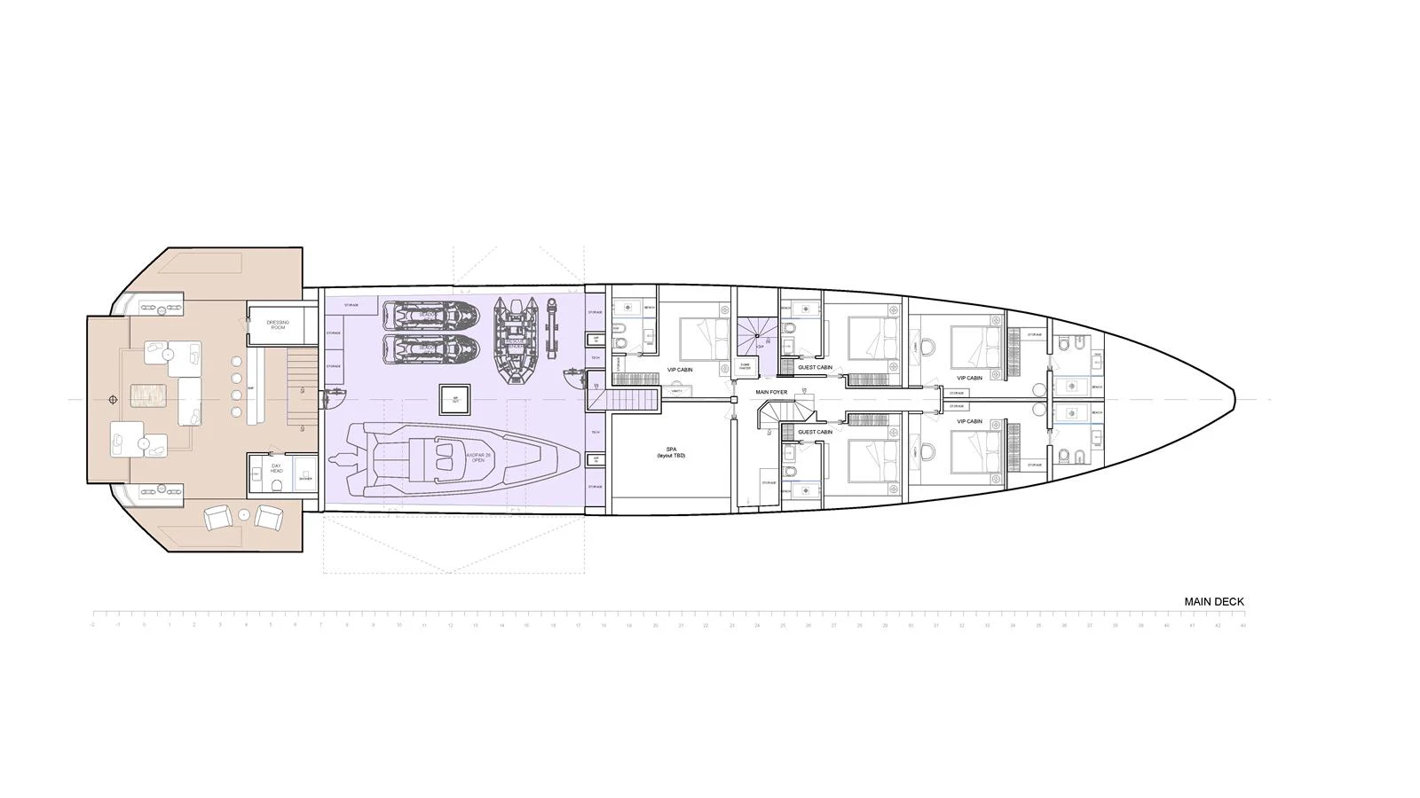 The image showcases the detailed layout of the main deck, highlighting various rooms and amenities. aboard X145 GLOBAL Yacht for Sale