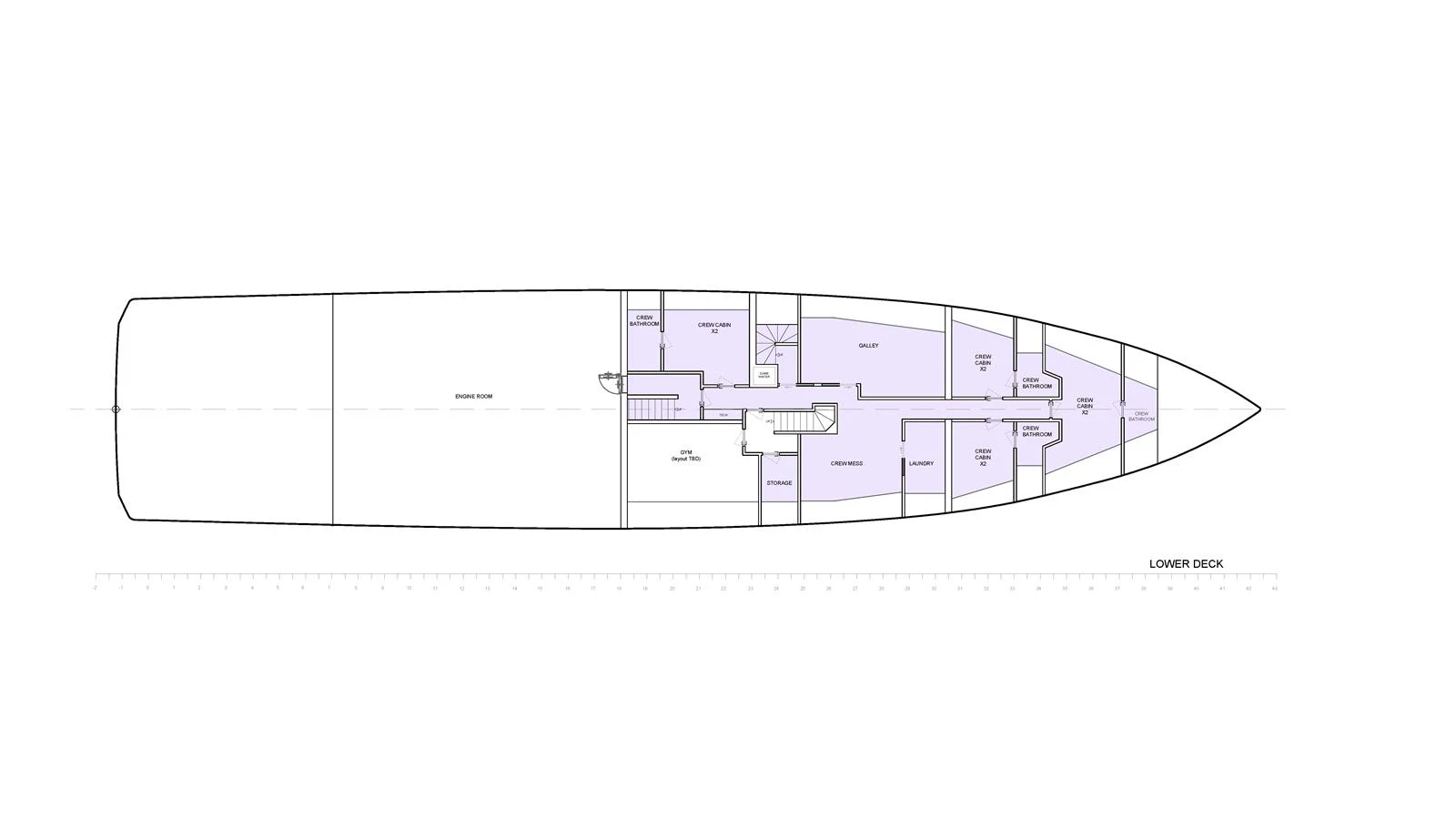This image shows the detailed layout of the yacht's lower deck, highlighting various rooms and spaces. aboard X145 GLOBAL Yacht for Sale
