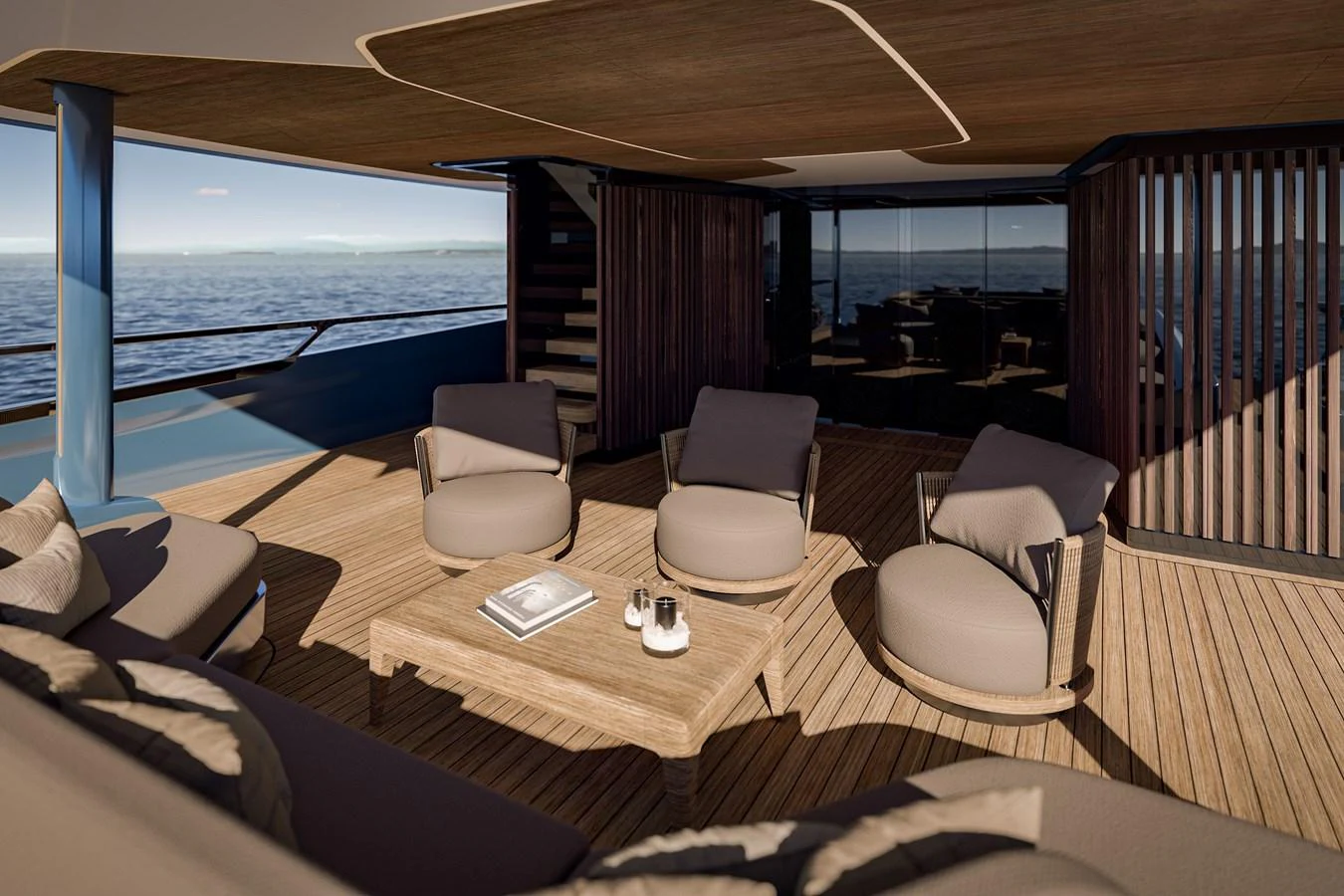 a room with a table chairs and a view of the ocean aboard TUXEDO 40 Yacht for Sale