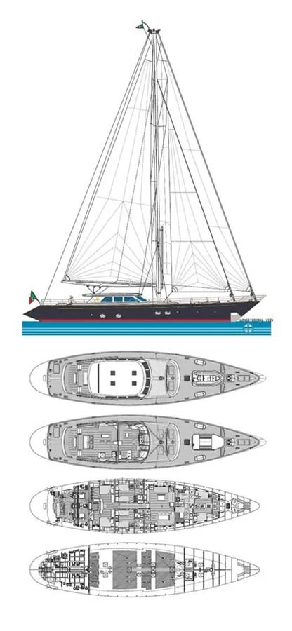 This image showcases the exterior profile and detailed deck plans of a sailing yacht. aboard HERITAGE M Yacht for Sale
