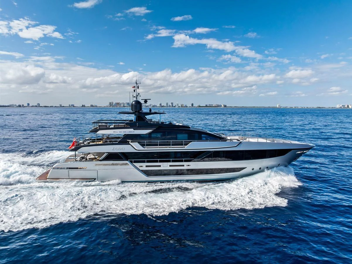 A sleek and modern yacht cruises through open waters under a clear blue sky. aboard EURO Yacht for Sale
