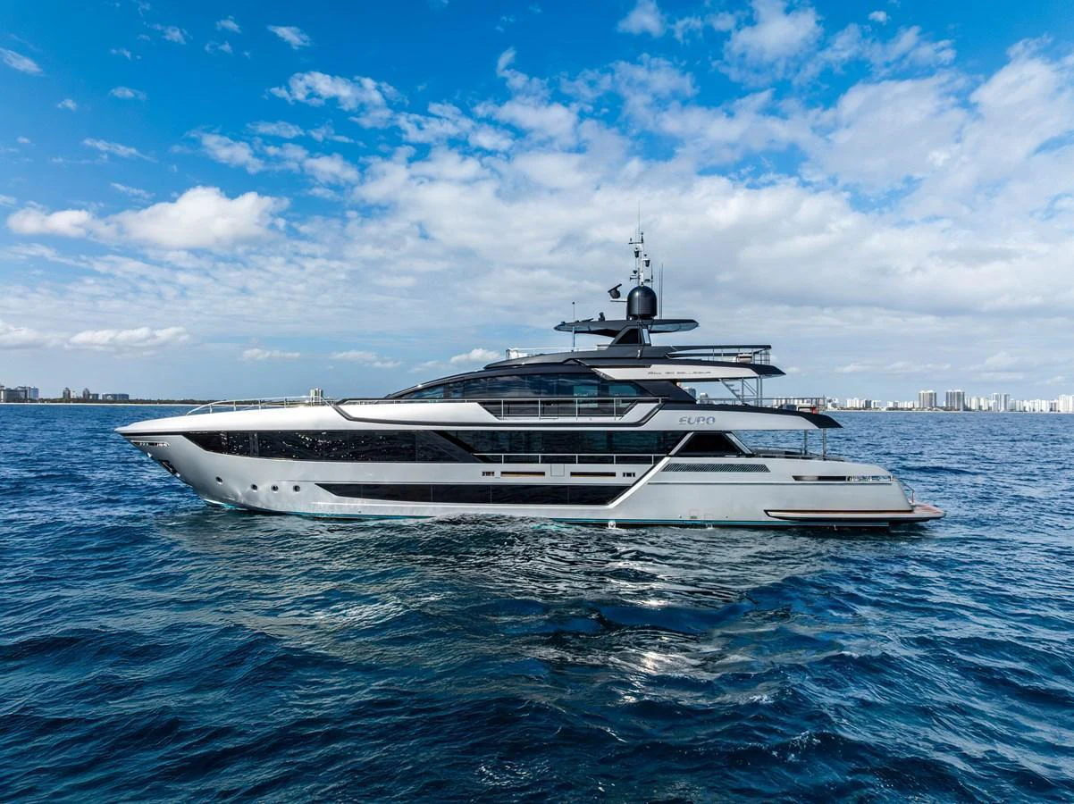 A sleek and modern yacht cruises on the open water under a partly cloudy sky. aboard EURO Yacht for Sale