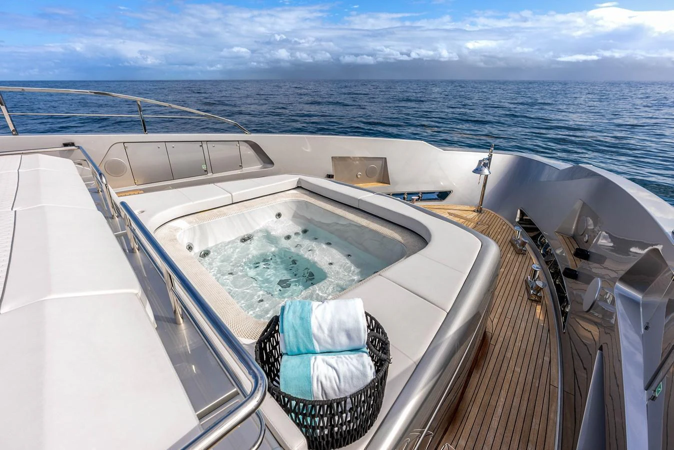 The yacht features a luxurious jacuzzi on the deck, offering stunning ocean views. aboard EURO Yacht for Sale