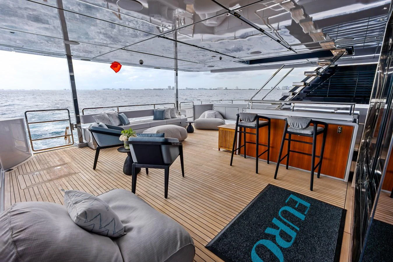 The aft deck offers a stylish and comfortable outdoor lounge area with a bar, perfect for relaxation and socializing. aboard EURO Yacht for Sale