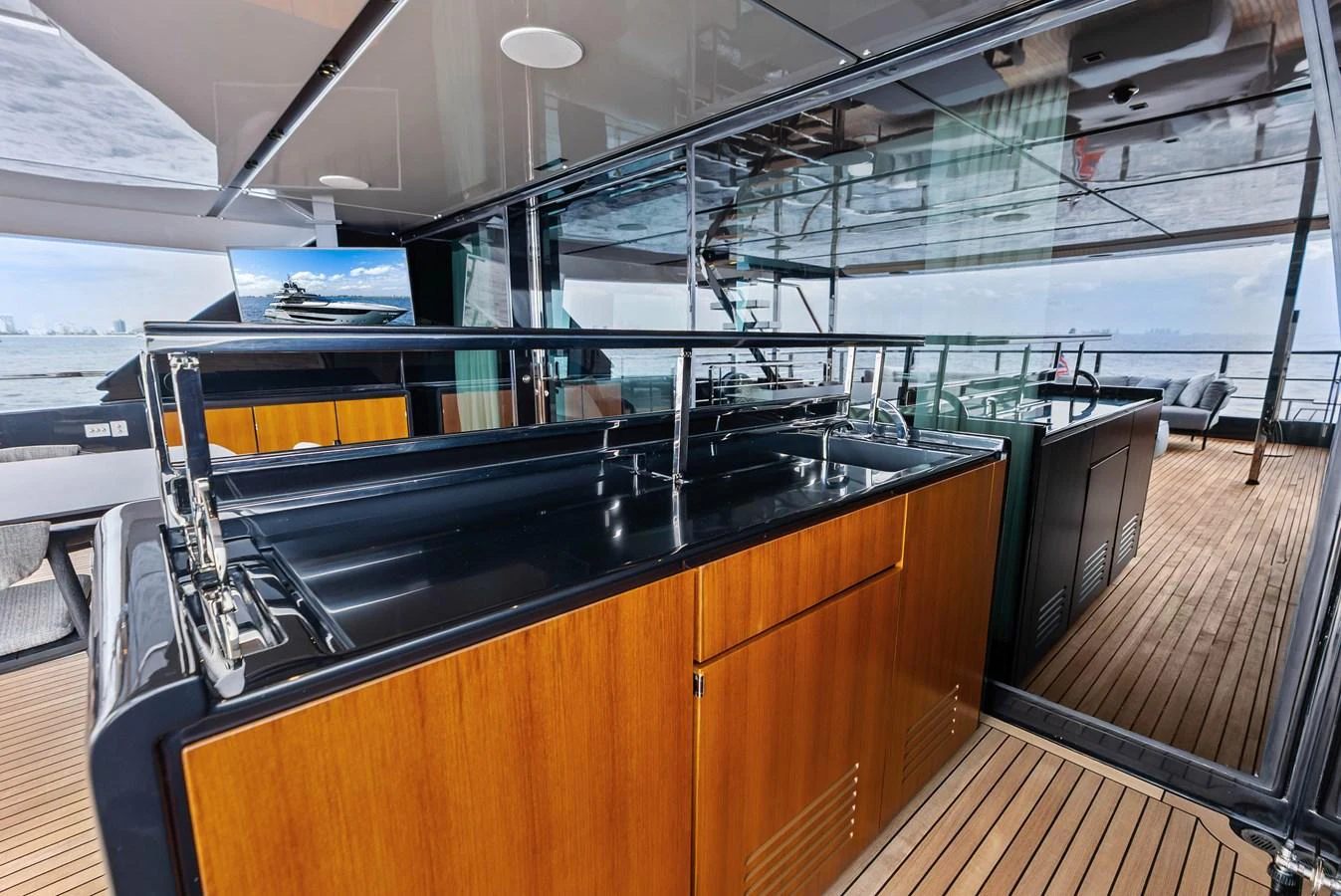 The yacht features a sleek and modern galley with ample counter space and high-end finishes. aboard EURO Yacht for Sale