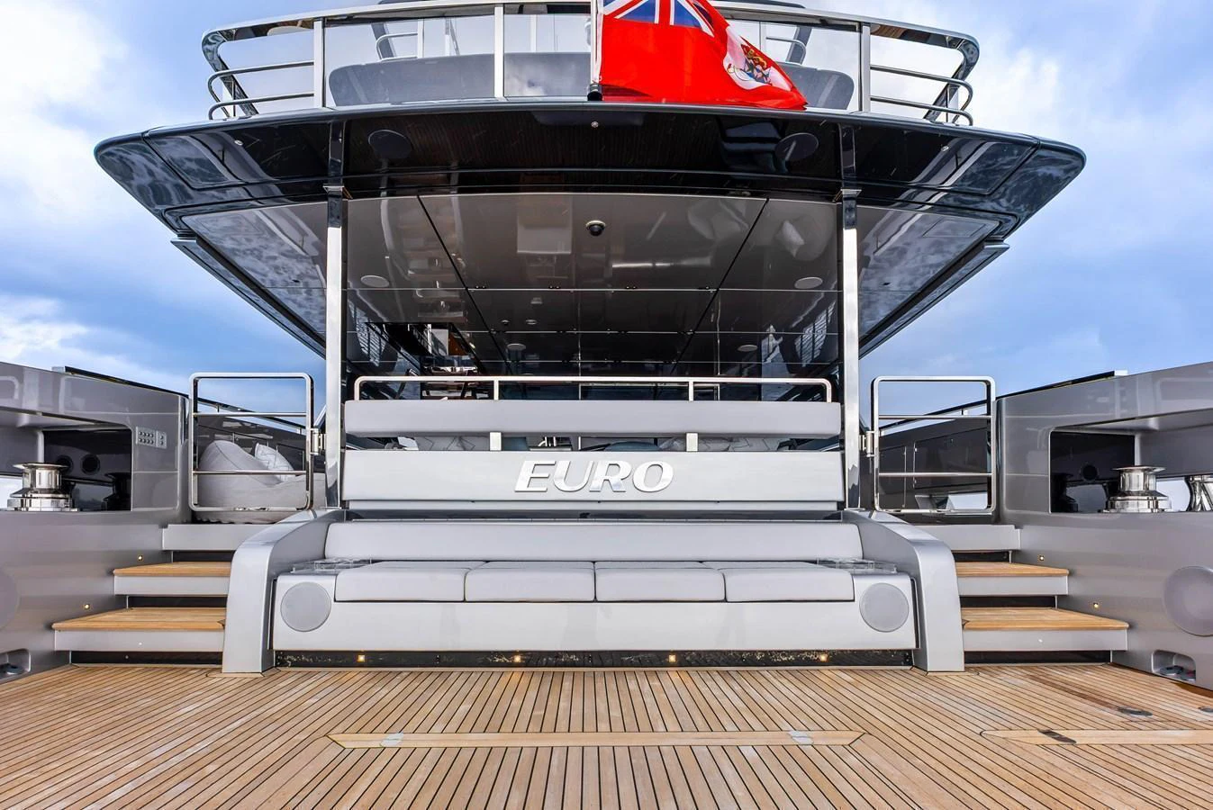 The aft deck of the yacht features a spacious and inviting area for relaxation and entertainment. aboard EURO Yacht for Sale