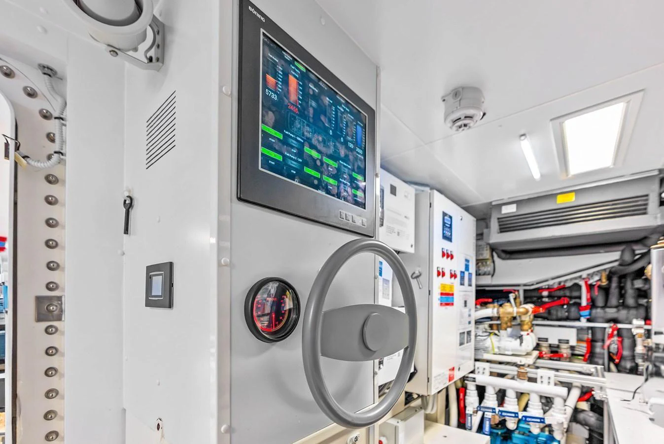 The engine room is equipped with advanced control systems and modern machinery. aboard EURO Yacht for Sale