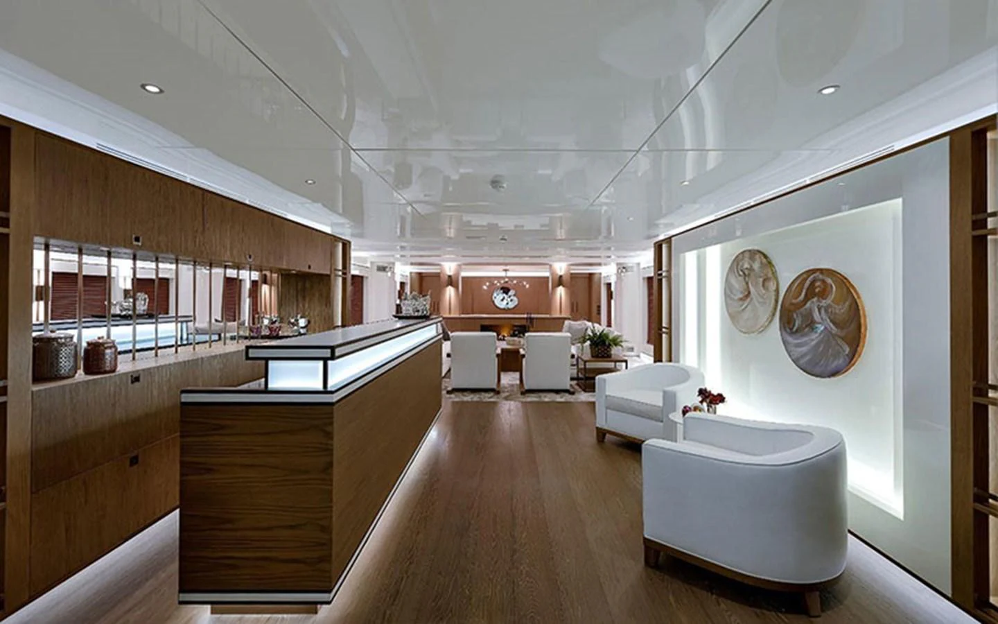 The salon features a modern design with elegant furnishings and ample natural light. aboard CMB  108 Yacht for Sale