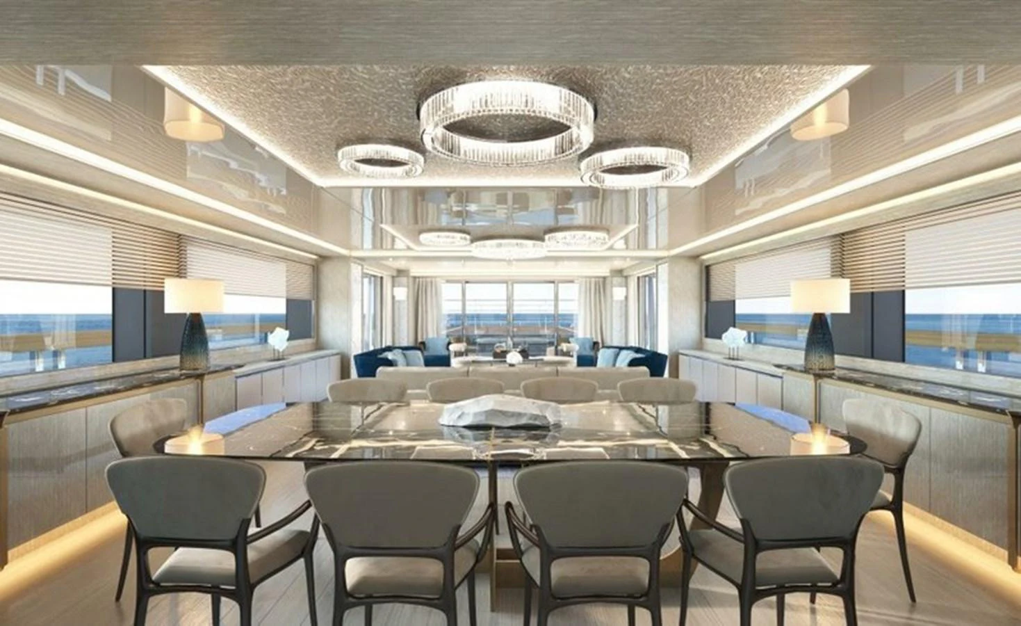 The yacht's dining area exudes elegance with its sophisticated lighting and luxurious seating arrangement. aboard OCEAN DREAMWALKER III Yacht for Sale