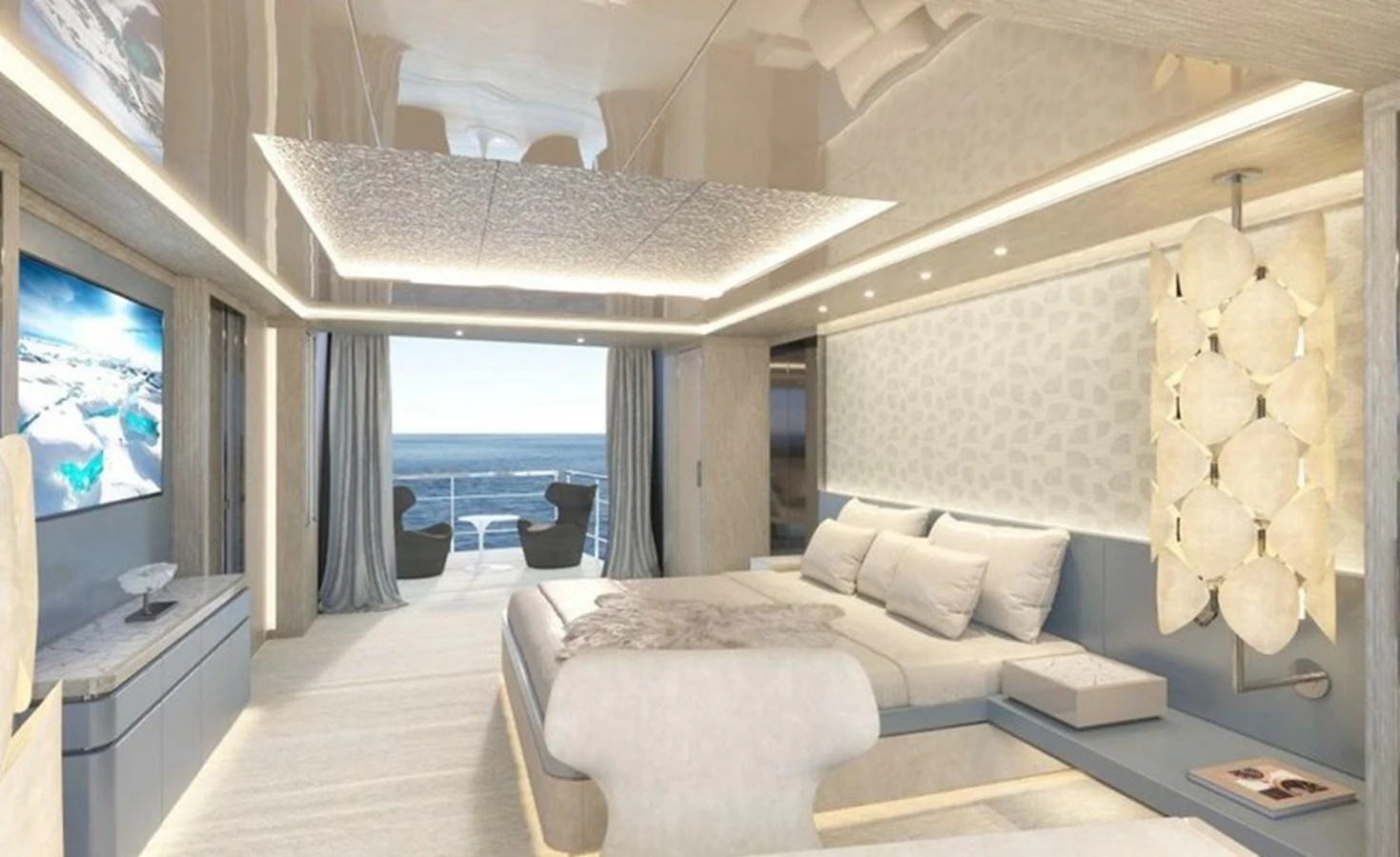 The master stateroom offers luxurious comfort with a stunning ocean view. aboard OCEAN DREAMWALKER III Yacht for Sale