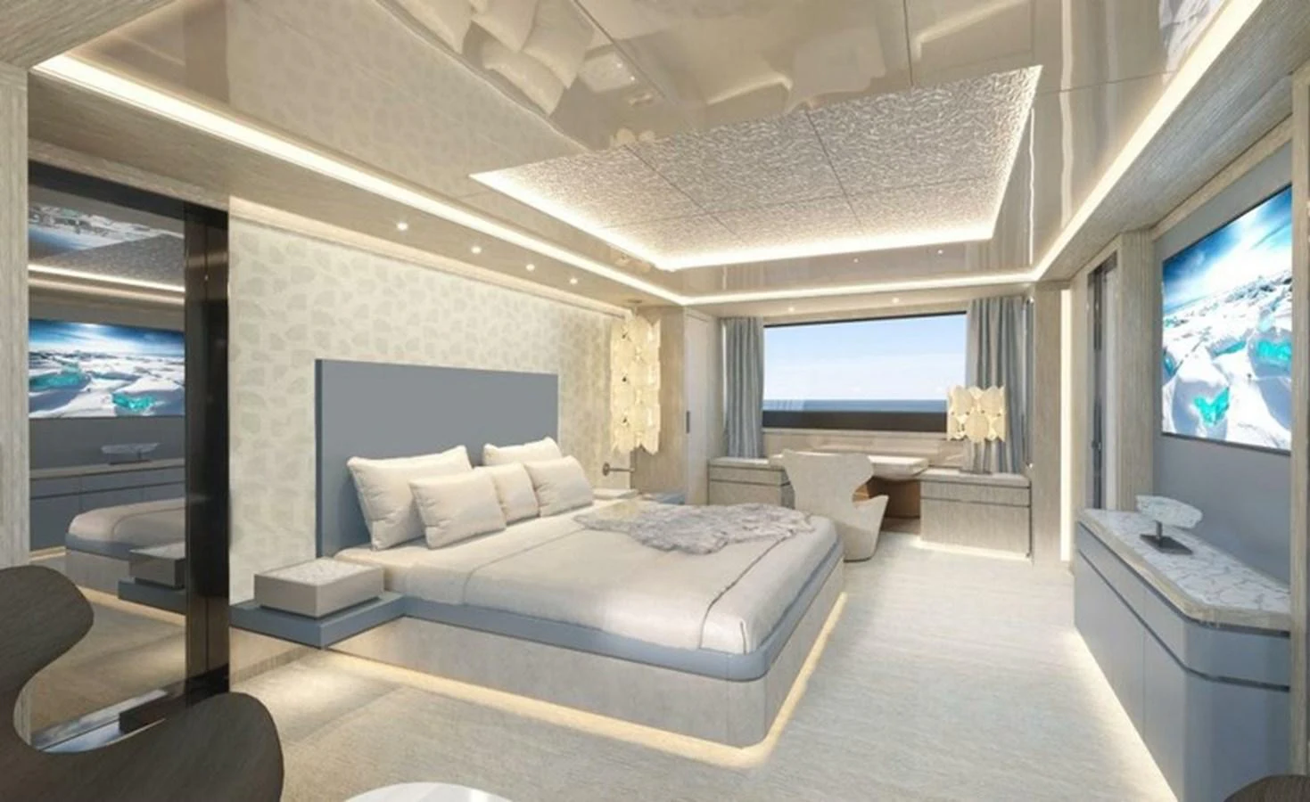 The master stateroom features a luxurious bed, ample seating, and large windows for stunning views. aboard OCEAN DREAMWALKER III Yacht for Sale