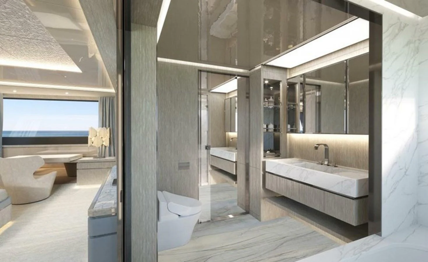 A luxurious bathroom with modern fixtures and elegant design. aboard OCEAN DREAMWALKER III Yacht for Sale