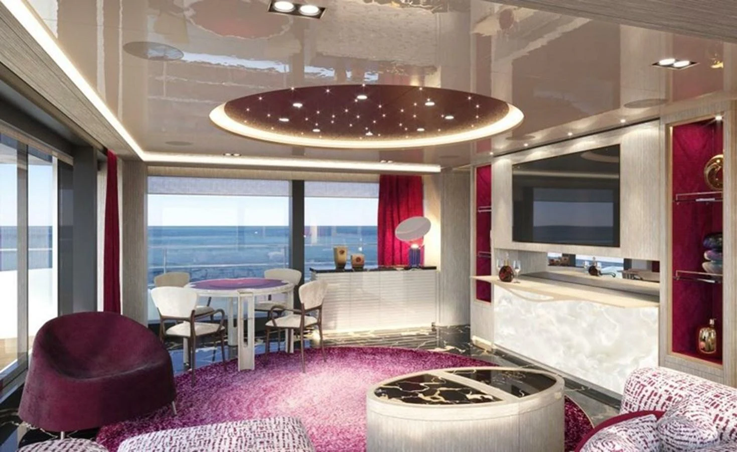 A luxurious yacht interior featuring a stylish lounge area with modern furnishings and large windows offering stunning sea views. aboard OCEAN DREAMWALKER III Yacht for Sale