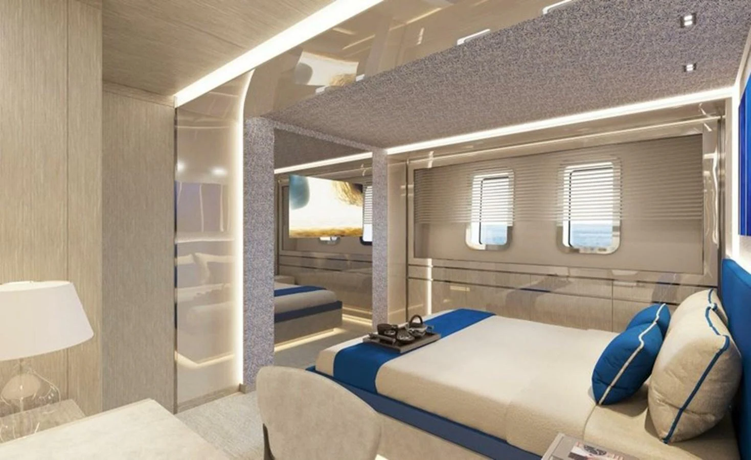 A luxurious stateroom featuring a comfortable bed and elegant decor. aboard OCEAN DREAMWALKER III Yacht for Sale