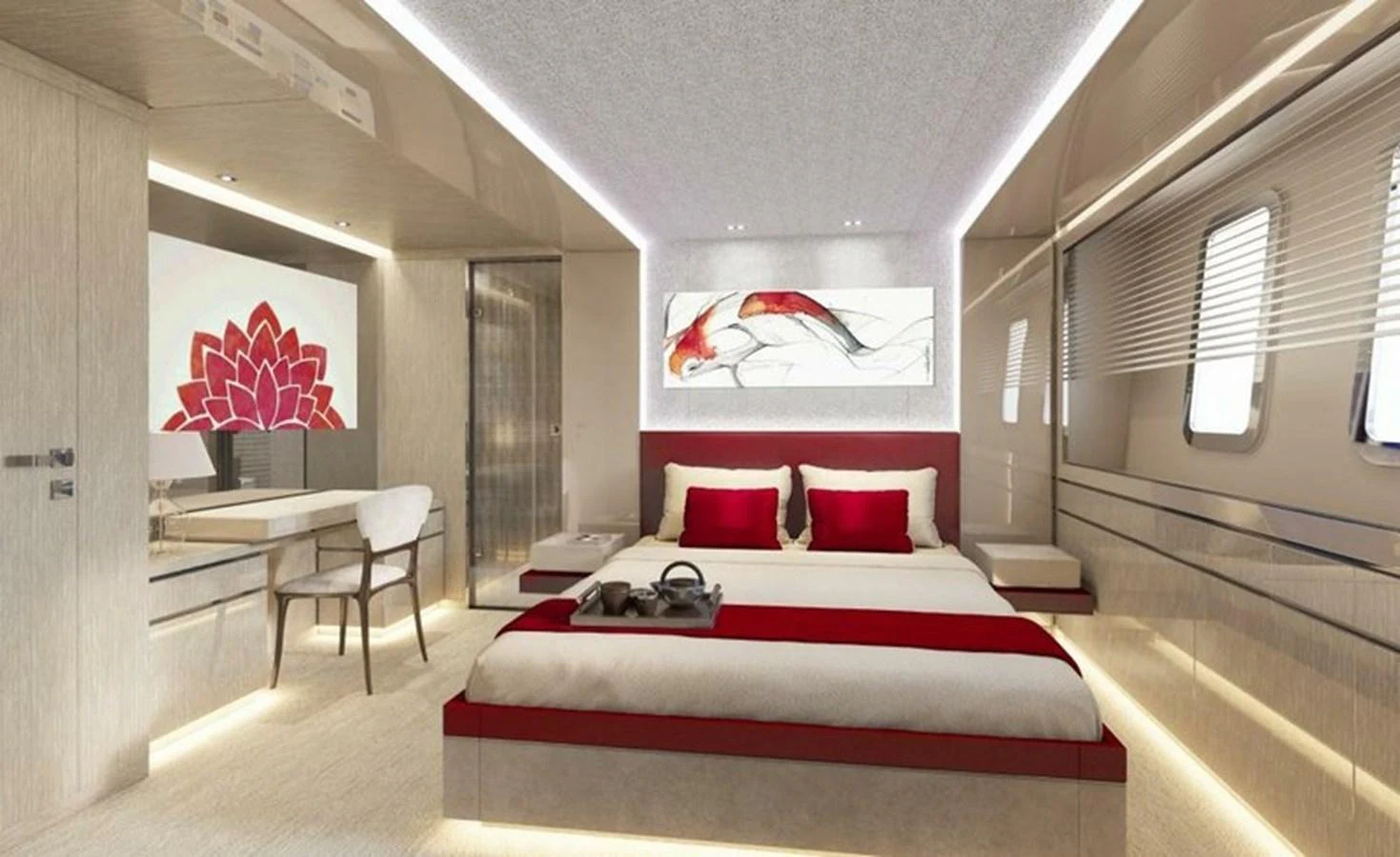 The master stateroom features a luxurious bed with elegant decor and ample natural light. aboard OCEAN DREAMWALKER III Yacht for Sale
