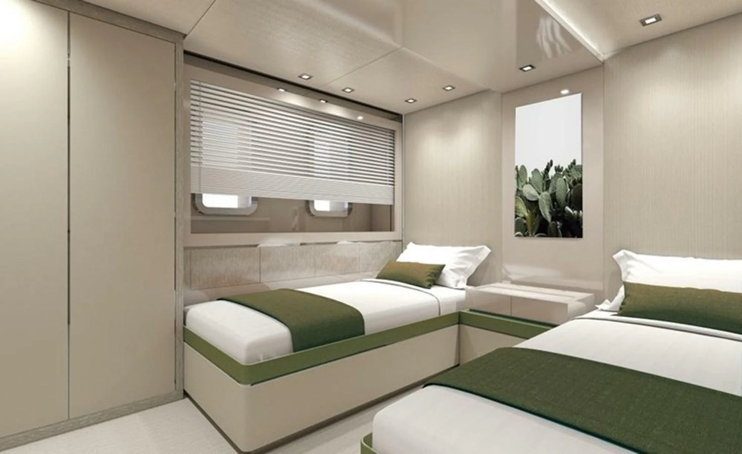 The guest stateroom features twin beds with a modern, minimalist design and soft lighting. aboard OCEAN DREAMWALKER III Yacht for Sale