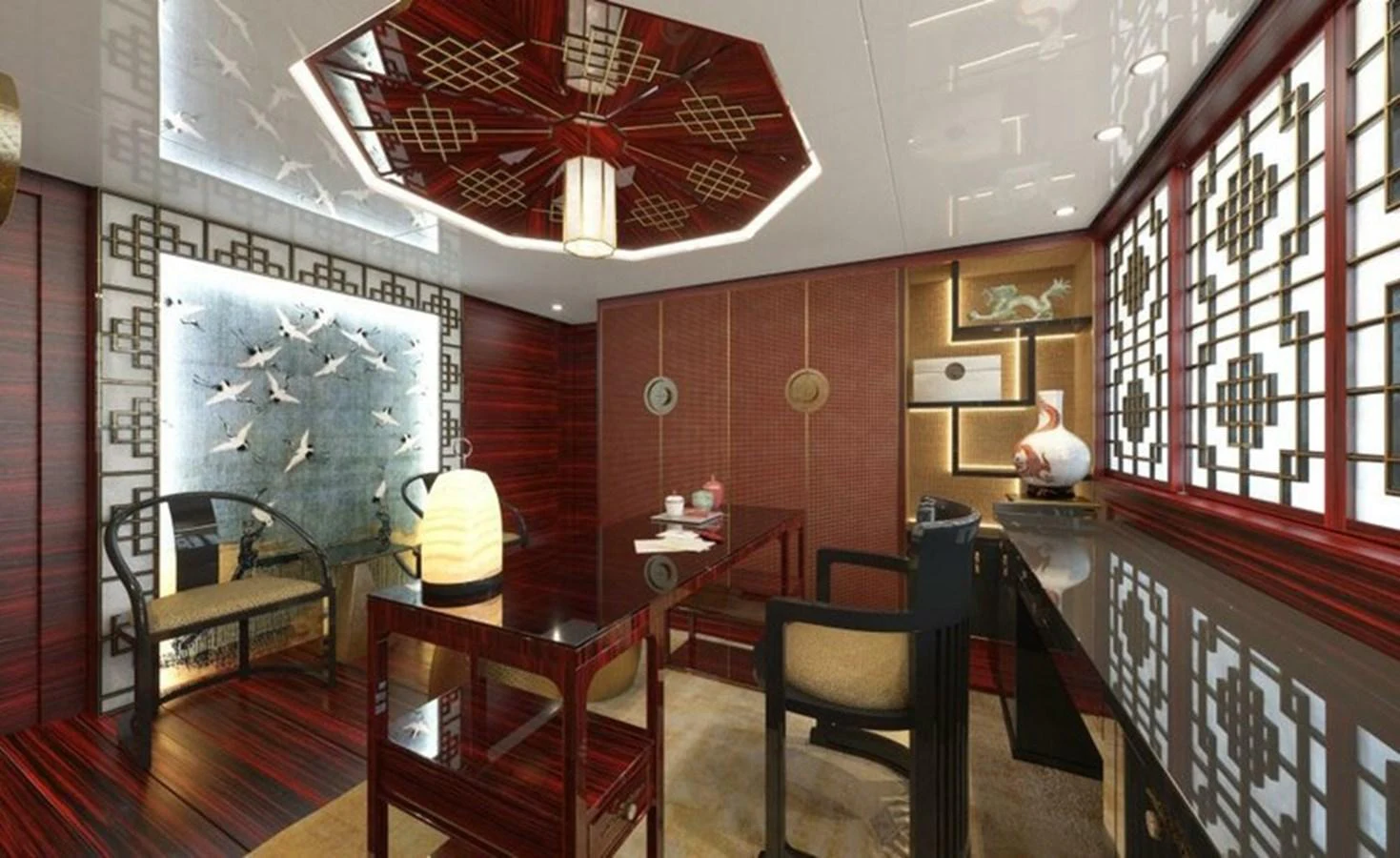 The yacht's interior features an elegant dining area with a sophisticated Asian-inspired design. aboard OCEAN DREAMWALKER III Yacht for Sale