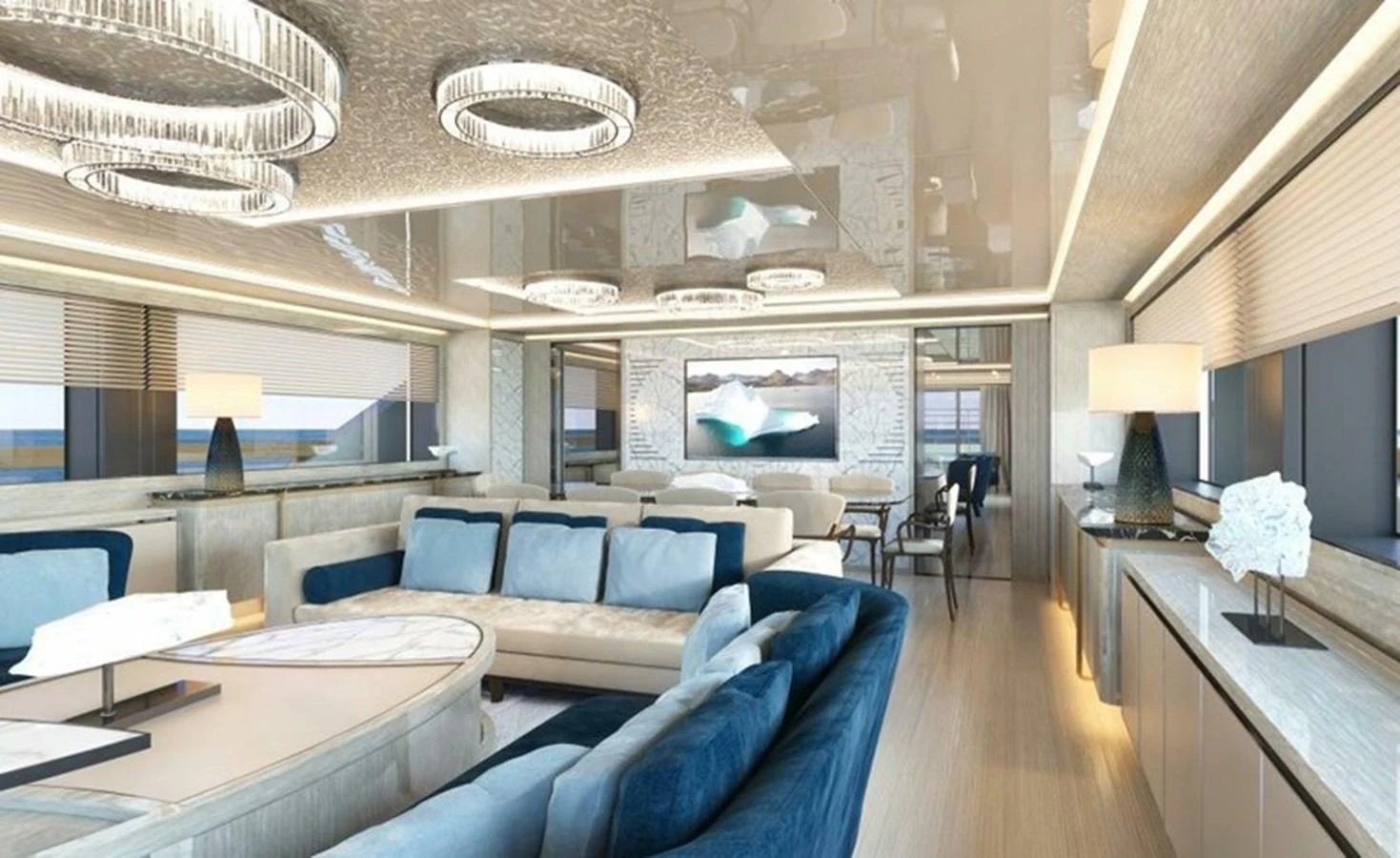 The yacht's salon features luxurious seating, elegant lighting, and a modern entertainment system. aboard OCEAN DREAMWALKER III Yacht for Sale