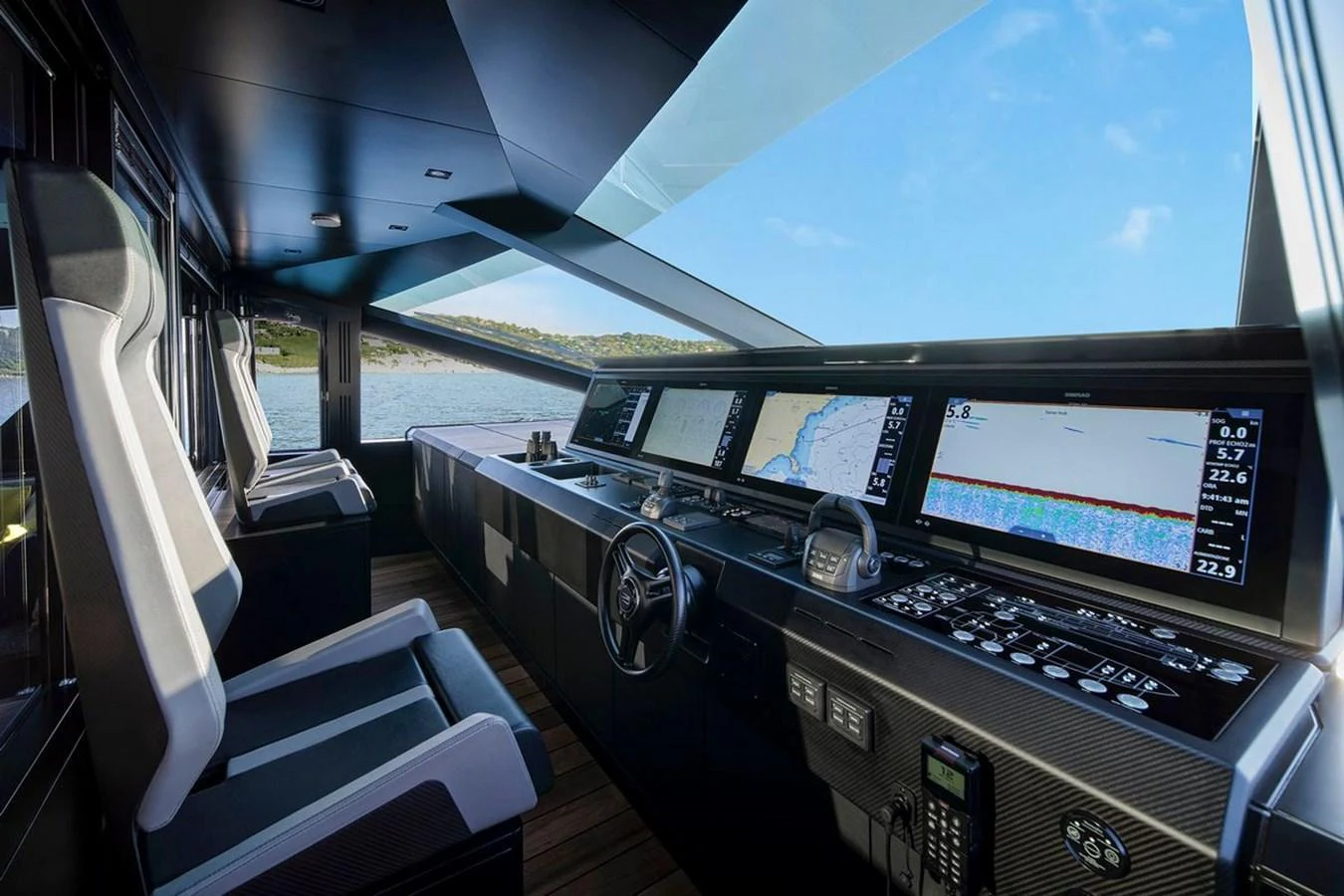 The helm station features advanced navigation equipment and luxurious seating with panoramic views. aboard CARAT Yacht for Sale