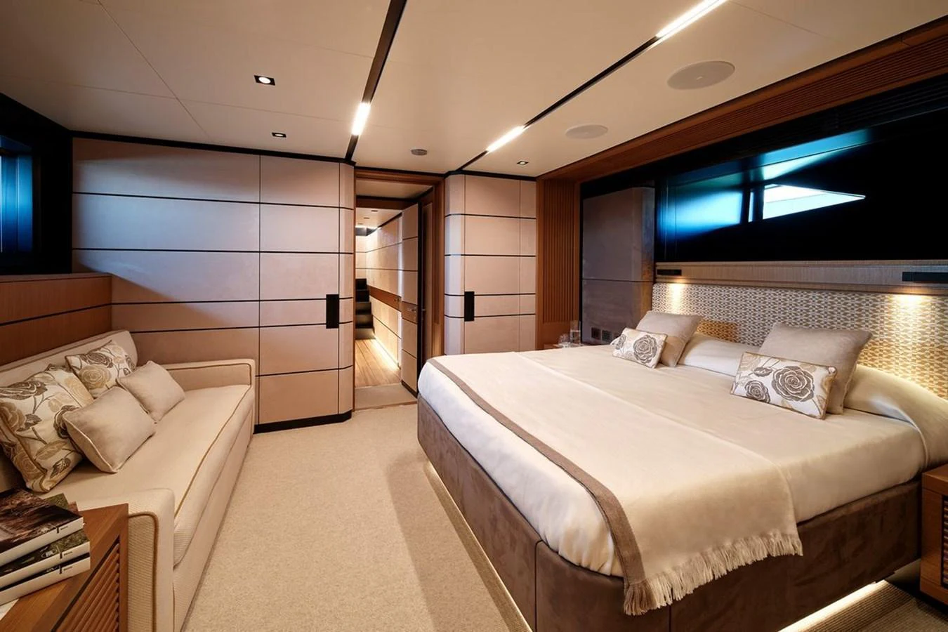The master stateroom exudes luxury with its spacious layout, plush bedding, and elegant decor. aboard CARAT Yacht for Sale