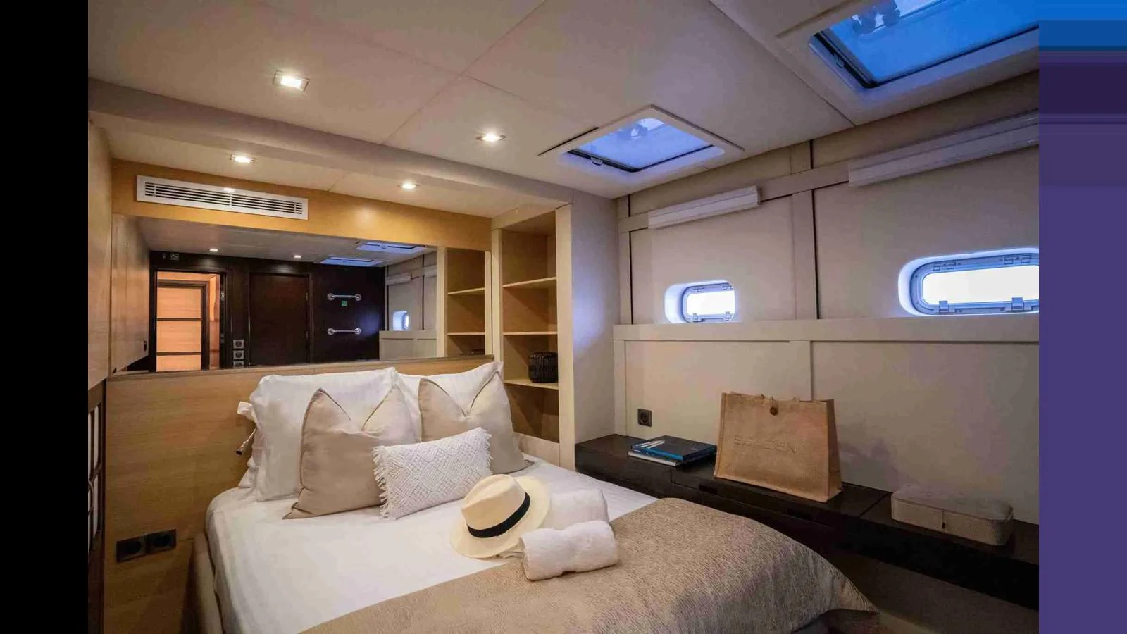 The stateroom offers a cozy and inviting atmosphere with elegant decor and ample natural light. aboard SEAZEN II Yacht for Sale