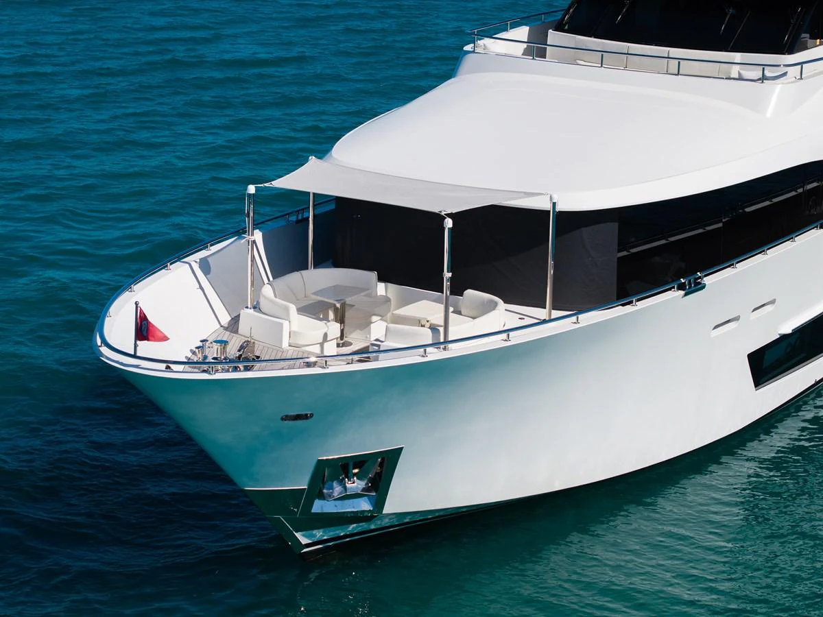 The sleek exterior of the yacht features a spacious foredeck with elegant seating arrangements. aboard OCEAN ALEXANDER 37L/01 Yacht for Sale