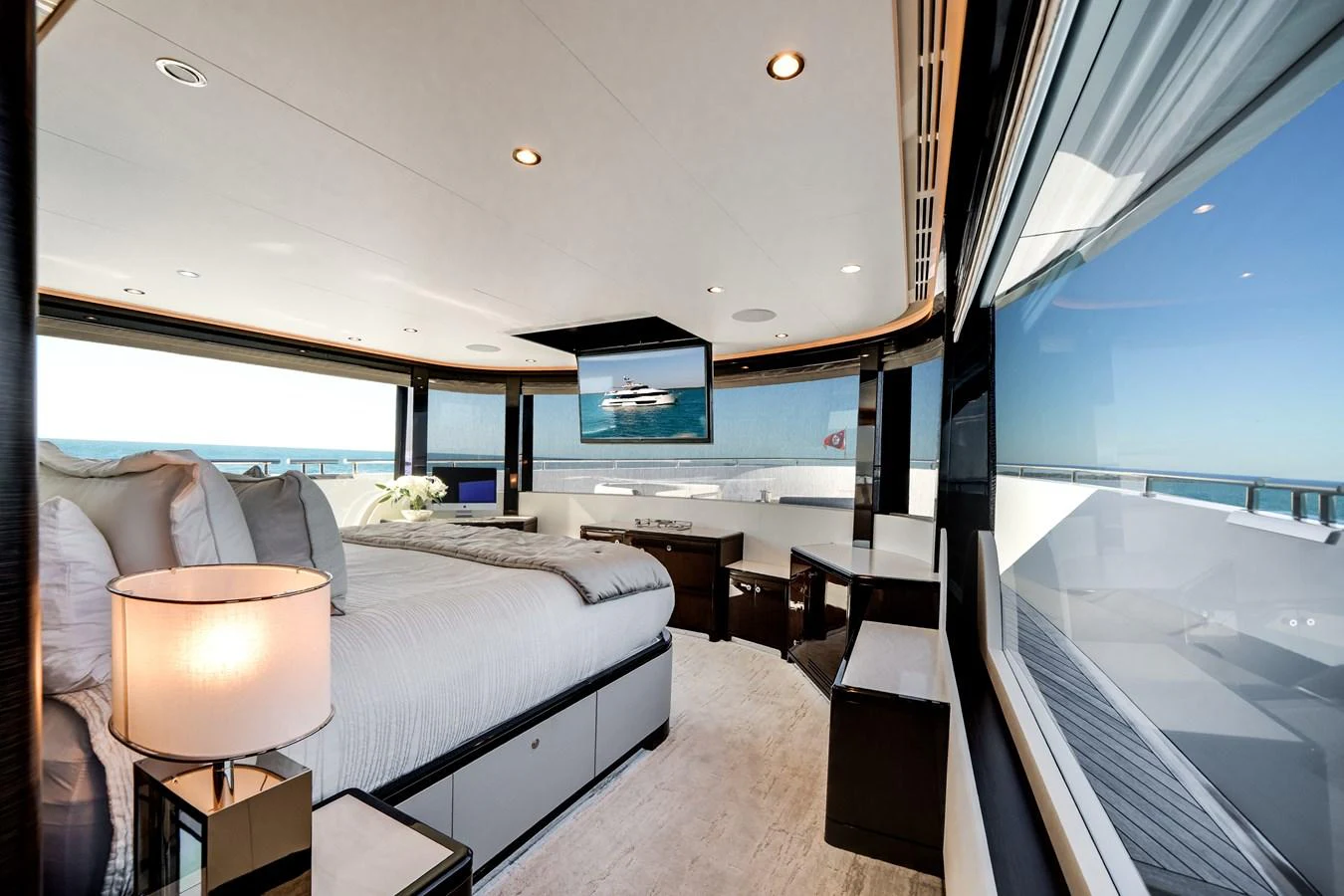 The master stateroom offers a luxurious and spacious retreat with panoramic ocean views. aboard OCEAN ALEXANDER 37L/01 Yacht for Sale