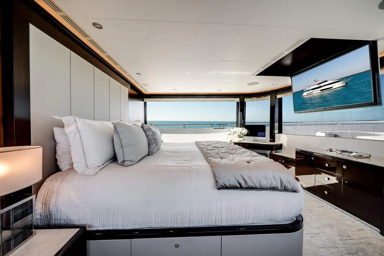 The master stateroom offers a luxurious retreat with panoramic ocean views and modern amenities. aboard OCEAN ALEXANDER 37L/01 Yacht for Sale