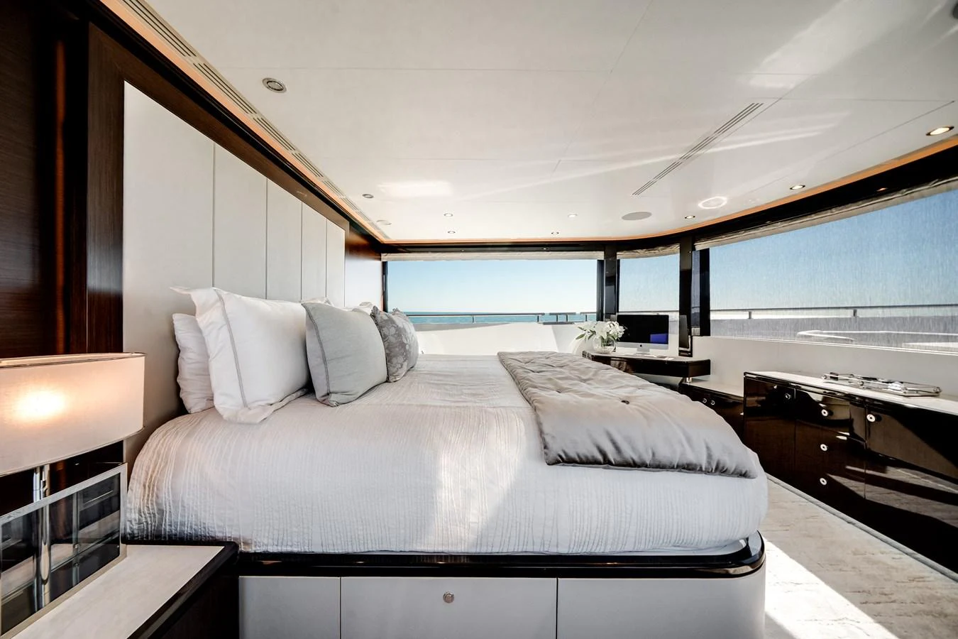 The master stateroom offers a luxurious and spacious retreat with panoramic views. aboard OCEAN ALEXANDER 37L/01 Yacht for Sale