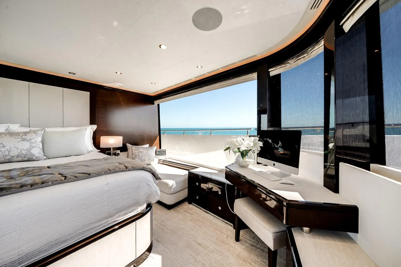 The master stateroom offers a luxurious and serene retreat with panoramic ocean views. aboard OCEAN ALEXANDER 37L/01 Yacht for Sale