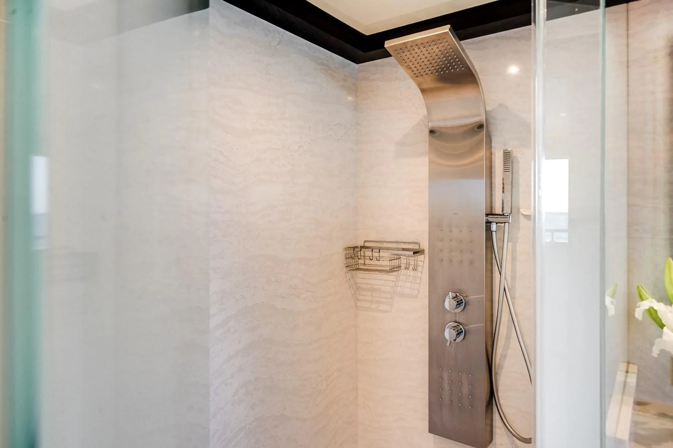 A modern shower area with sleek fixtures and a clean design. aboard OCEAN ALEXANDER 37L/01 Yacht for Sale