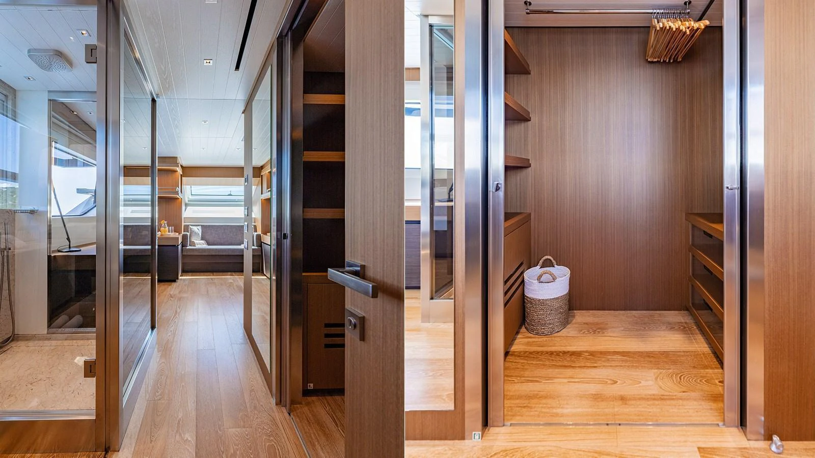 The image showcases a luxurious hallway leading to a spacious walk-in closet with wooden finishes. aboard JOURNEY Yacht for Sale