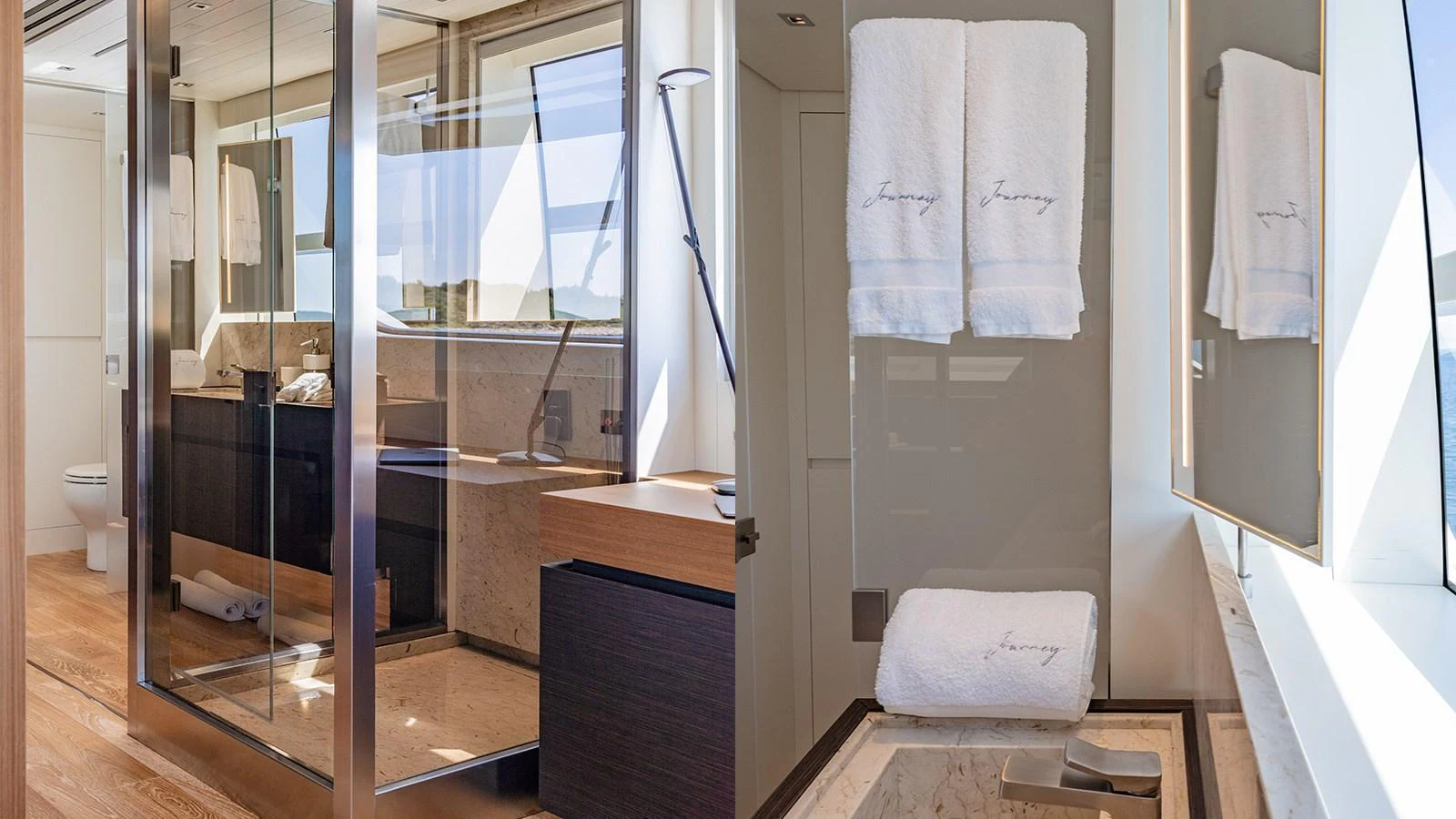 The yacht's bathroom features elegant fixtures and a modern design with ample natural light. aboard JOURNEY Yacht for Sale