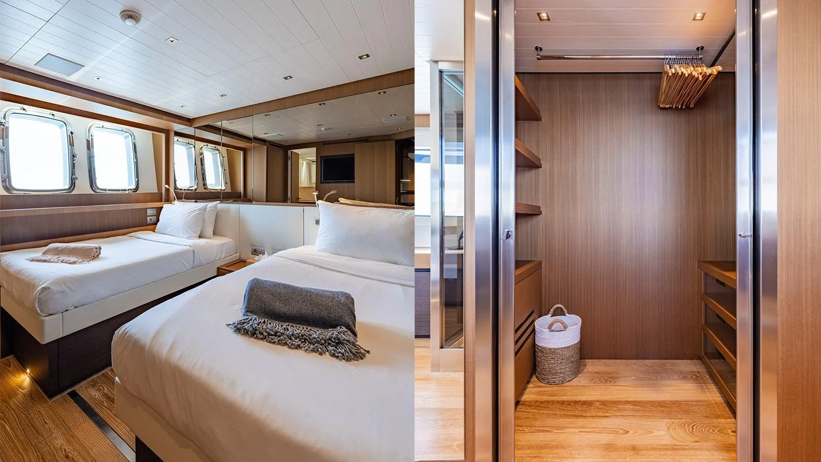 The guest stateroom features twin beds and ample storage space, creating a comfortable and inviting atmosphere. aboard JOURNEY Yacht for Sale