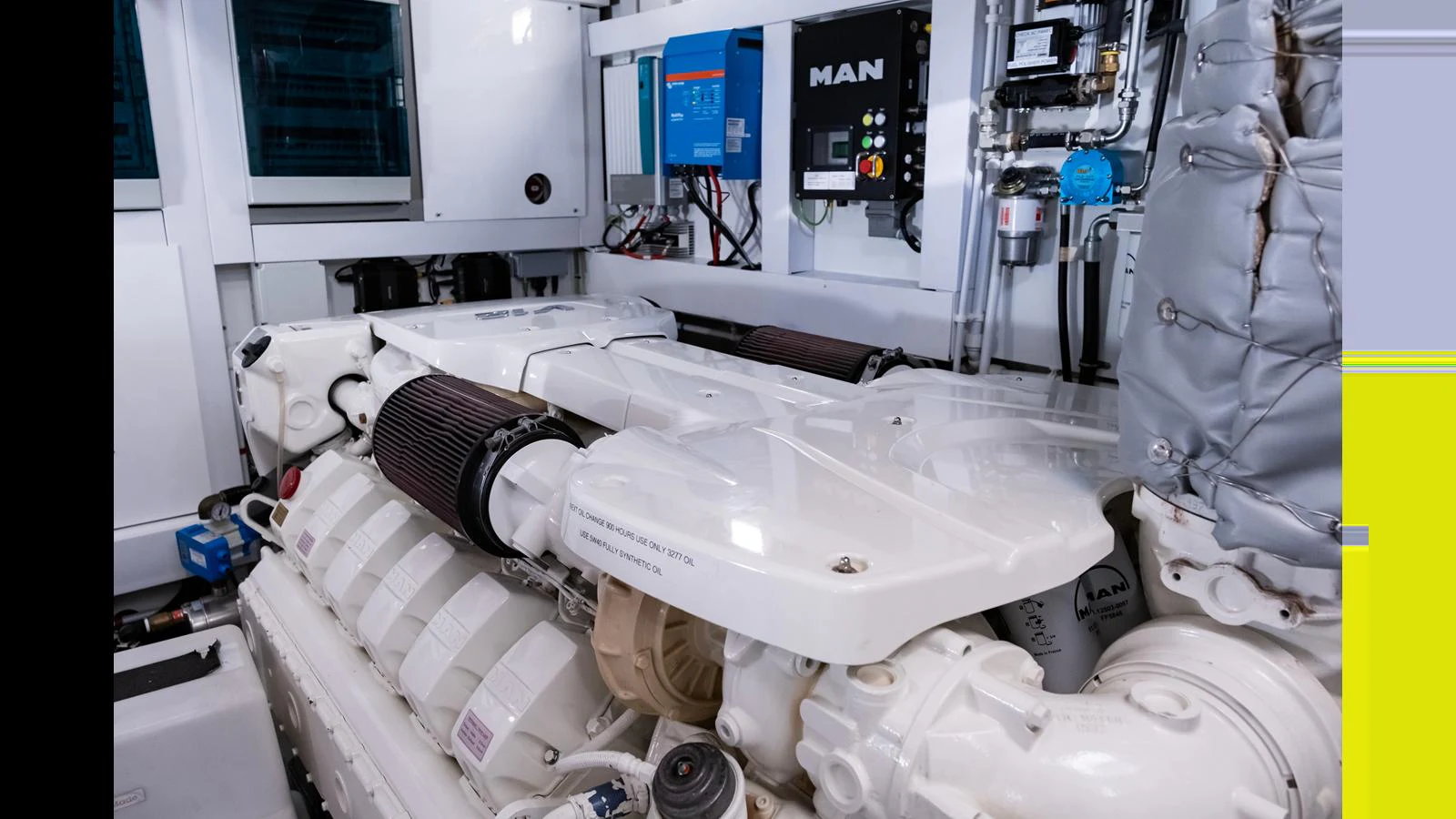 The yacht's engine room showcases powerful and well-maintained machinery. aboard ONLY 1100 HRS! Yacht for Sale