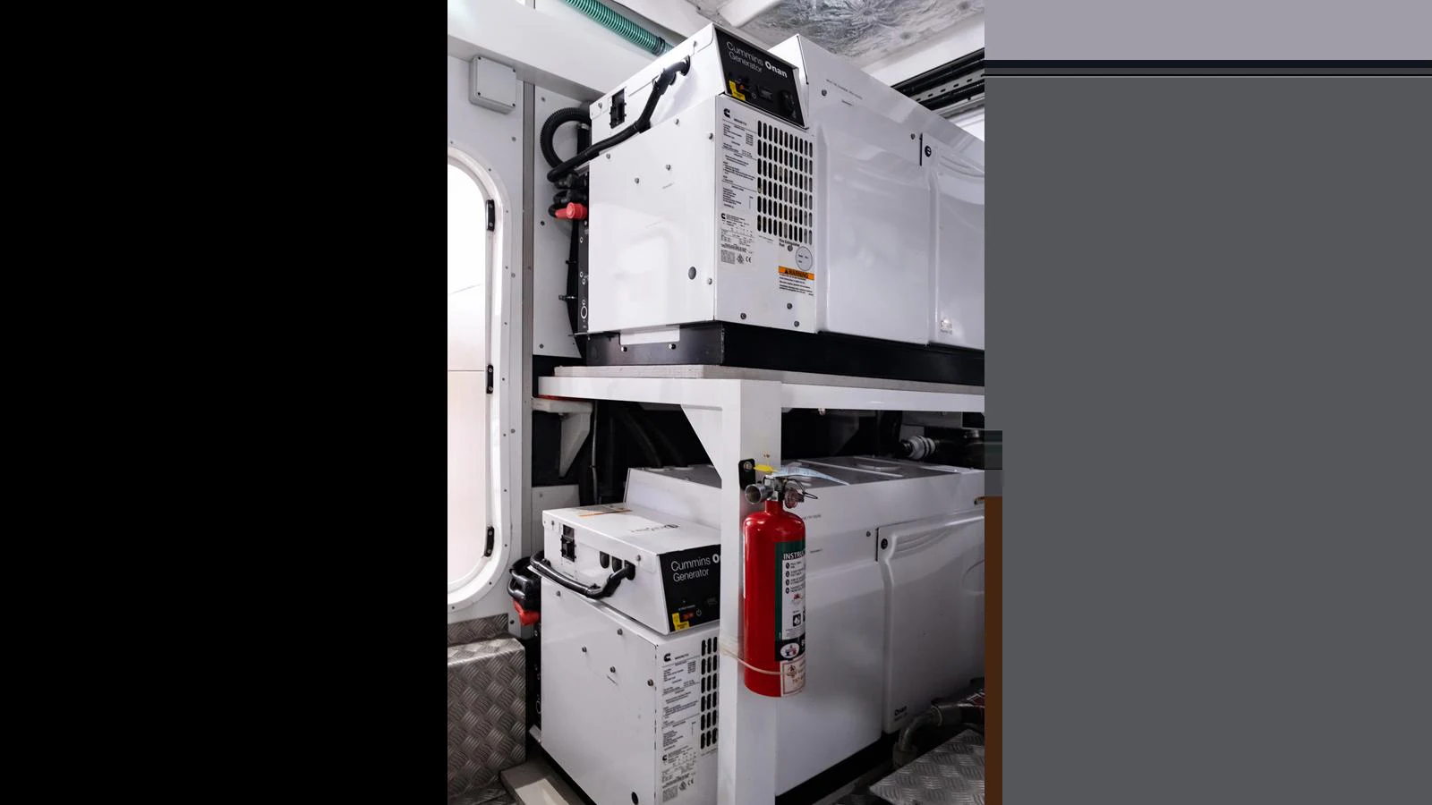 The image showcases the yacht's engine room with well-maintained machinery and safety equipment. aboard ONLY 1100 HRS! Yacht for Sale