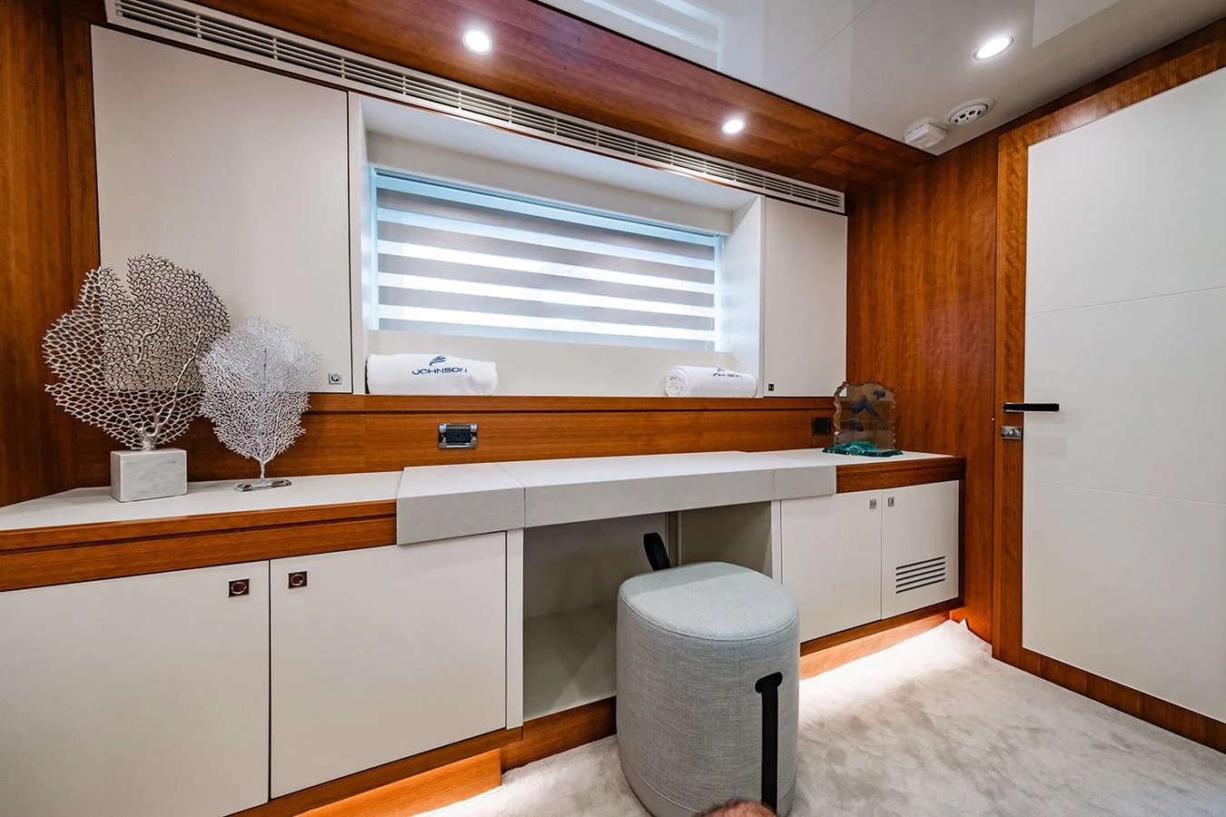 A luxurious vanity area with modern design and elegant finishes. aboard INDIGO Yacht for Sale