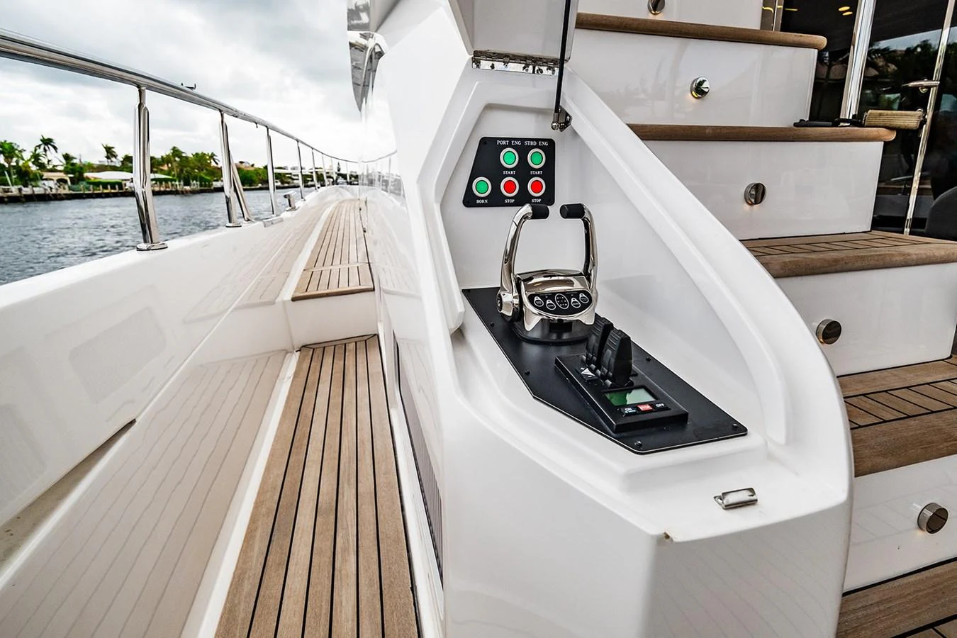 A close-up view of the yacht's control station on the deck, showcasing its sleek design and functionality. aboard INDIGO Yacht for Sale